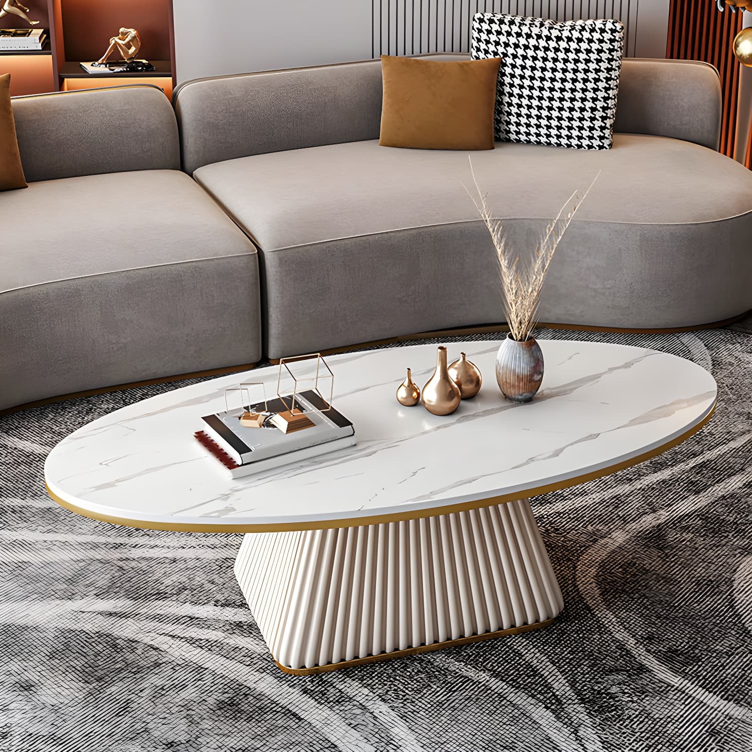 Glam Metal and Slate Cocktail Table Pedestal Coffee Table for Living Room thumbnail 4