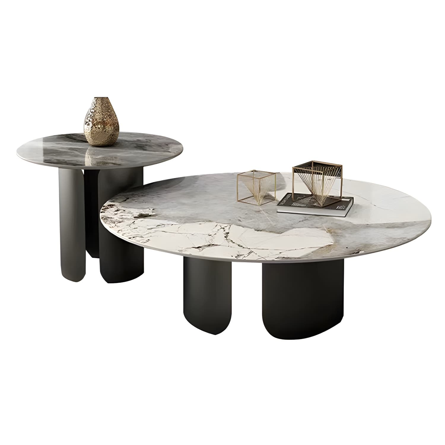 Chic Modern Round Beige Stone Top Coffee Table with Industrial Iron Base thumbnail 7