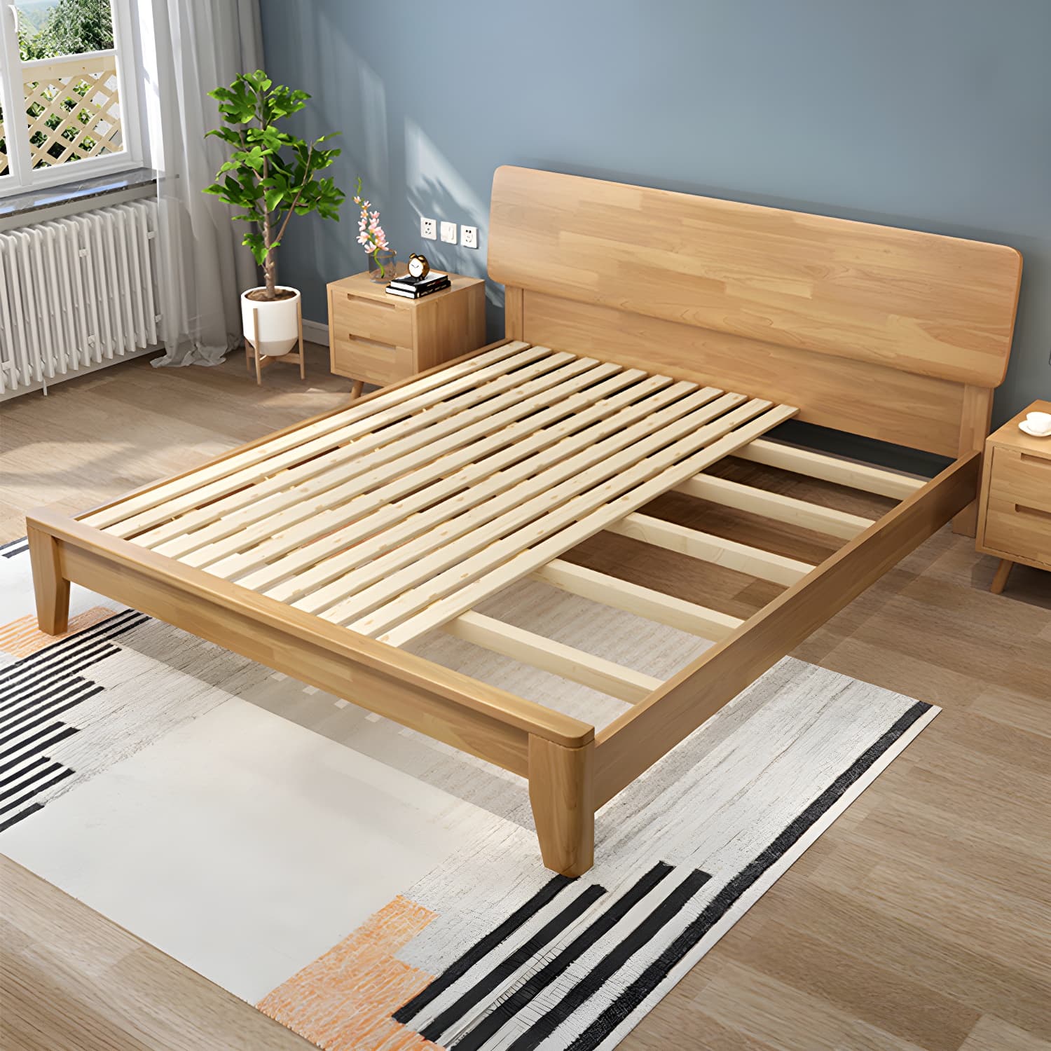 84.65 inch Wide Mid-century Bed Frame Rubberwood Bed with Headboard thumbnail 2