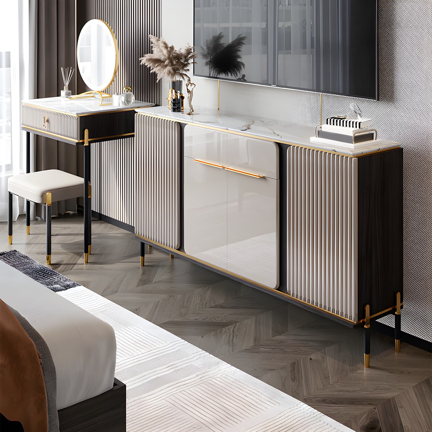 Stone Buffet Sideboard Glam Adjustable Shelves Buffet Credenza with Drawers and Cabinets thumbnail 10