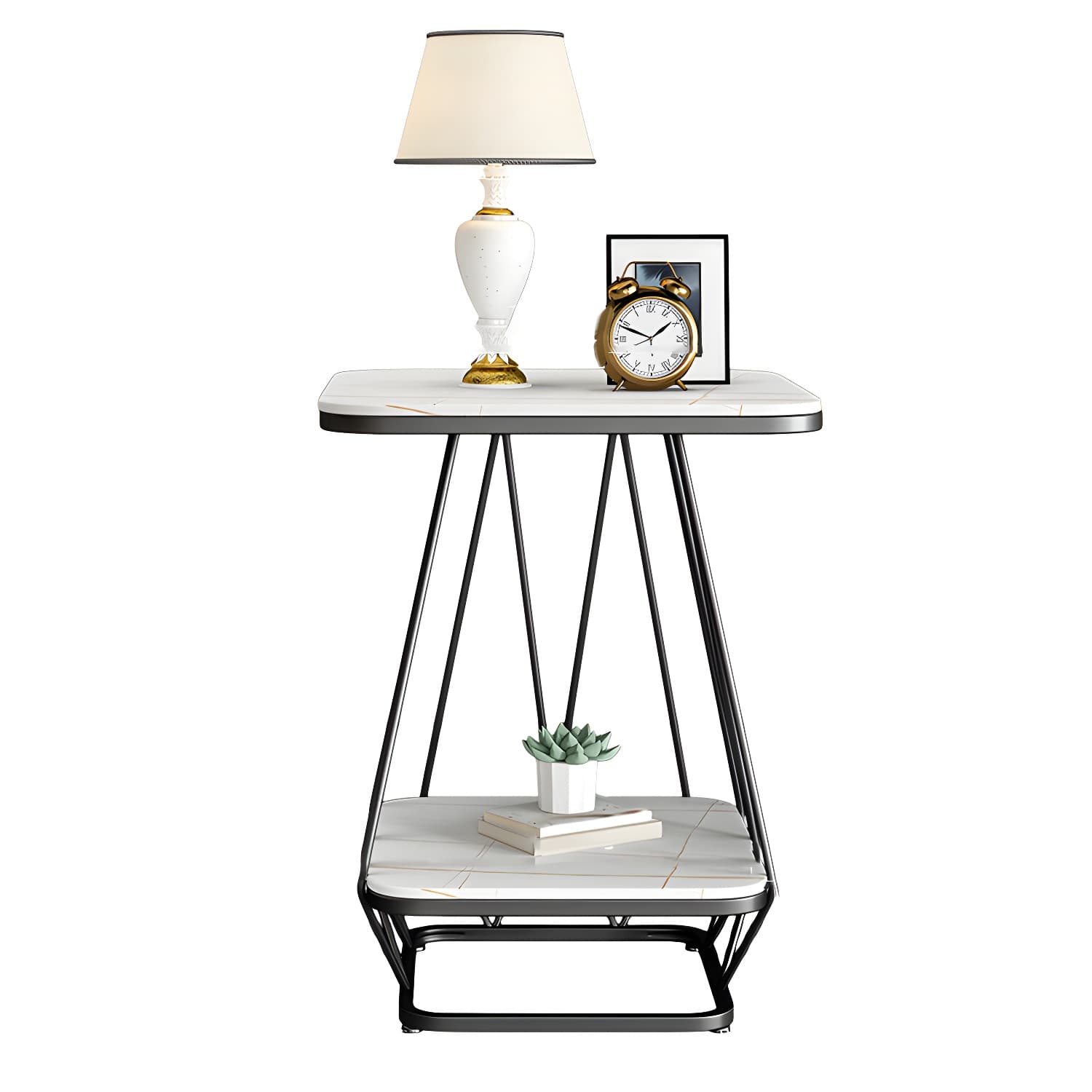 Glam Metal Night Table Stone Top 24'' Tall Open Storage Nightstand with Legs thumbnail 2
