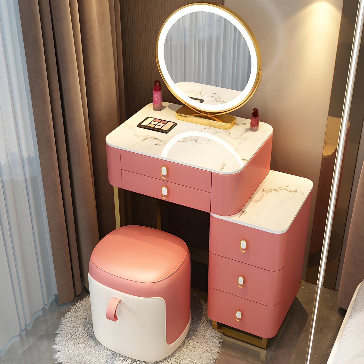 Stone Top Vanity with Storage Drawers Makeup Vanity Desk with Stool and Mirror thumbnail 4