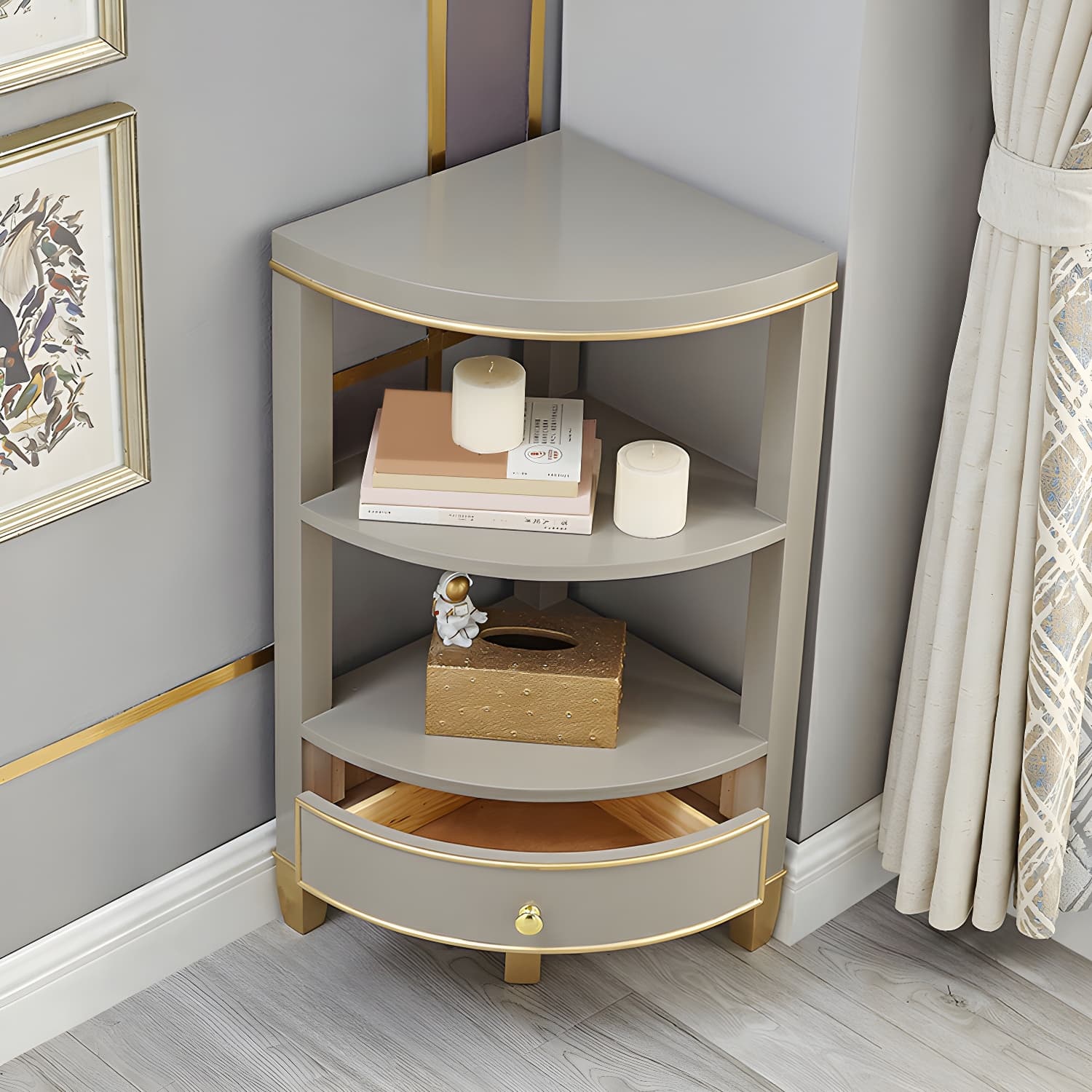 Unique Gold Beech Wood Corner Accent Cabinet with 1 Drawer and Open Shelves thumbnail 3