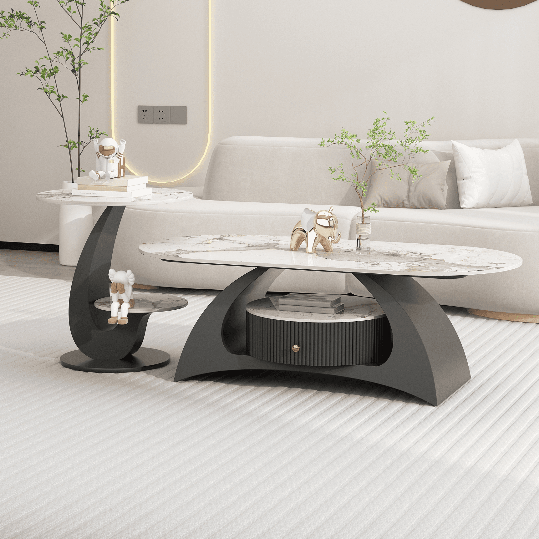 Mission Style Single/Bunching Slate Top Abstract Base White Oval Board Game Coffee Table with 1 Drawer thumbnail 3