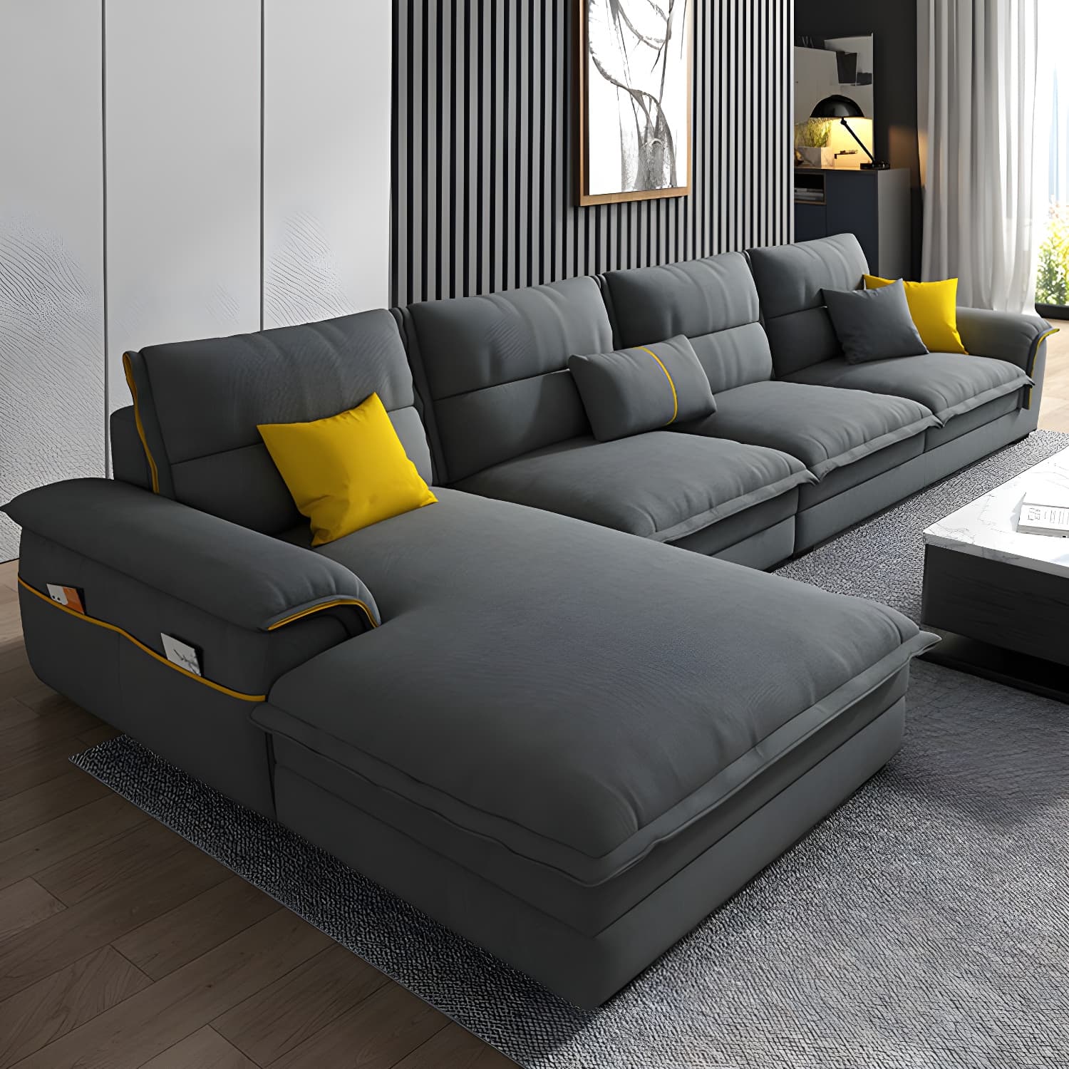 Modern Gray Cotton and Linen Sectional Sofa with Wood Frame and Storage Included thumbnail 2