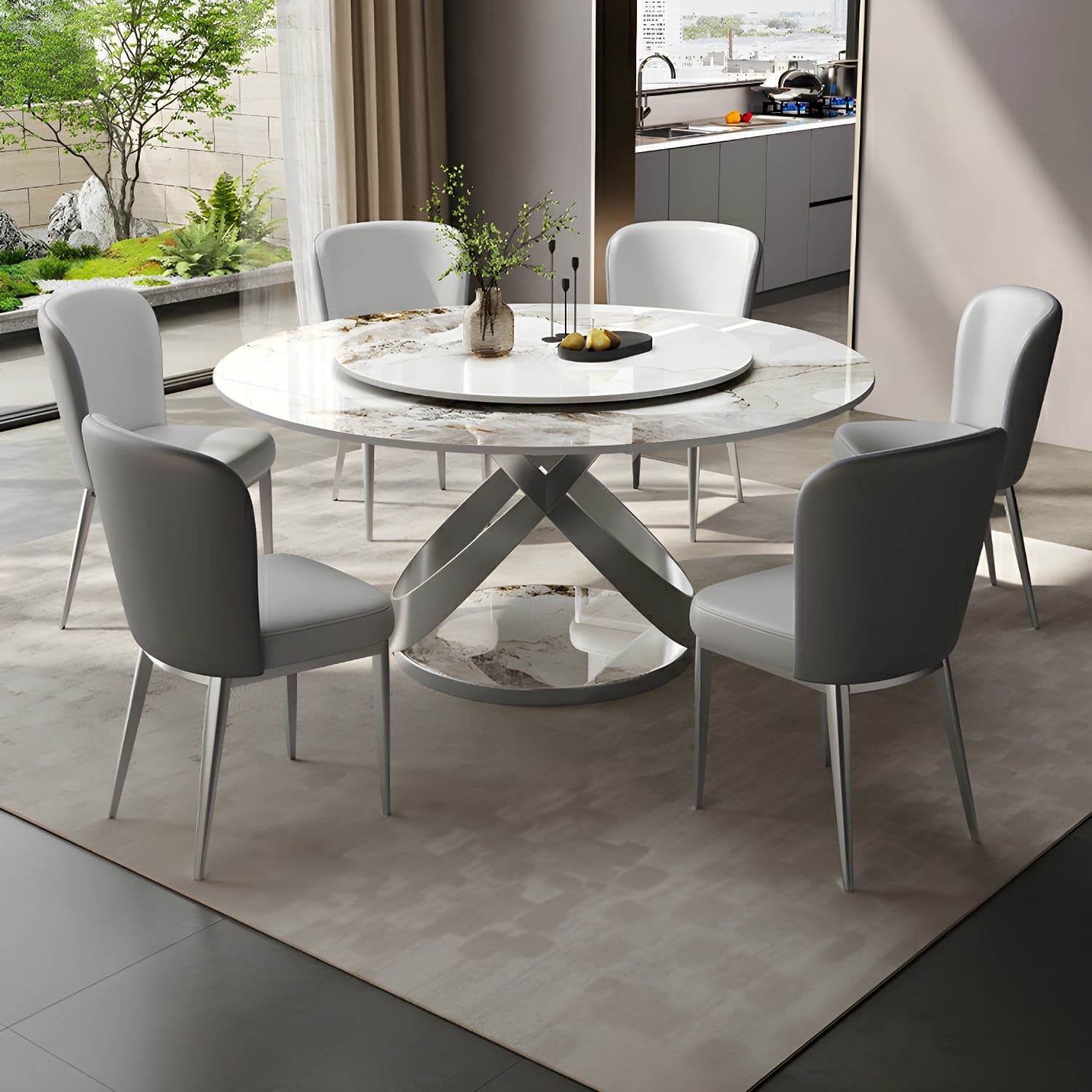 Stunning White Stone Round Dining Table with Lazy Susan and Silver Steel Pedestal Base thumbnail 1