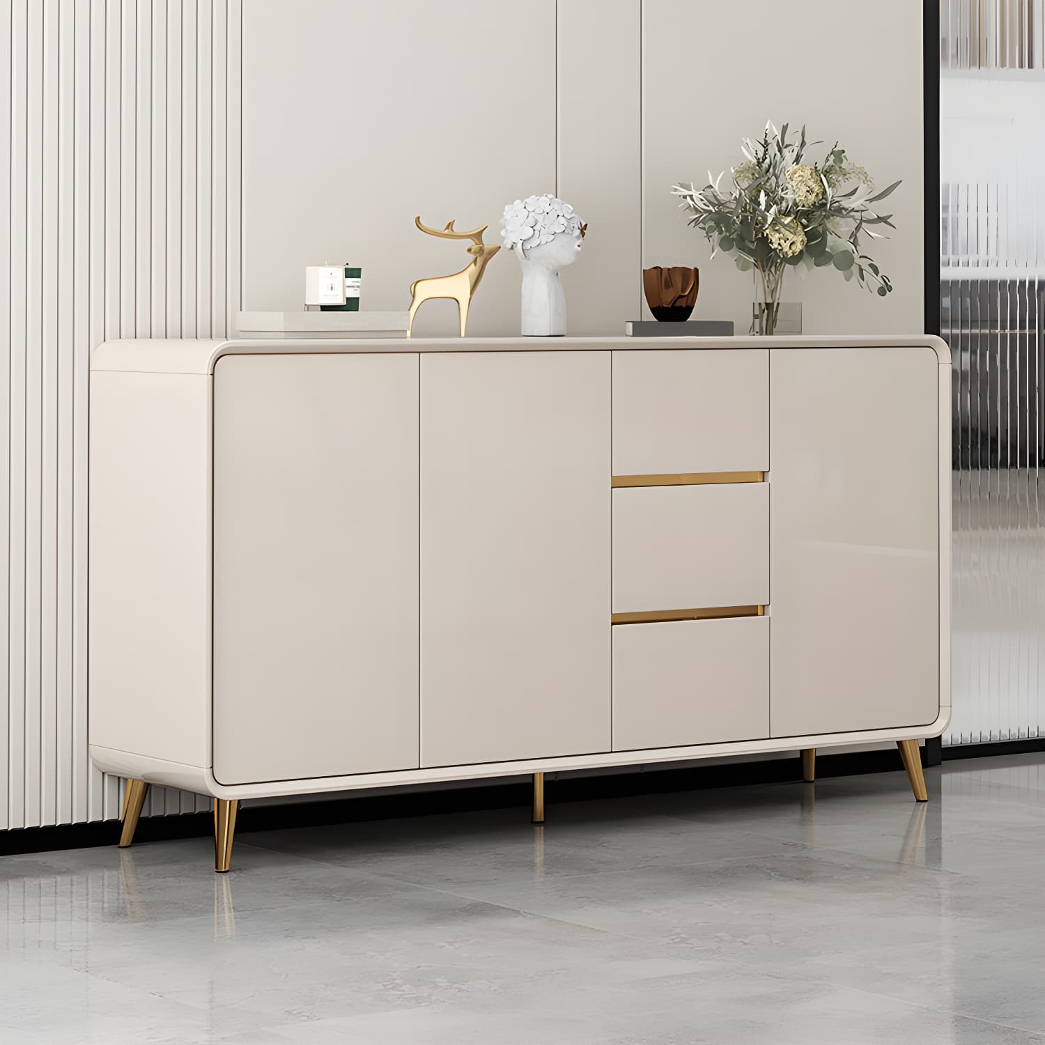 White Glam Sideboard Credenza with Adjustable Shelving and 3 Drawers thumbnail 1