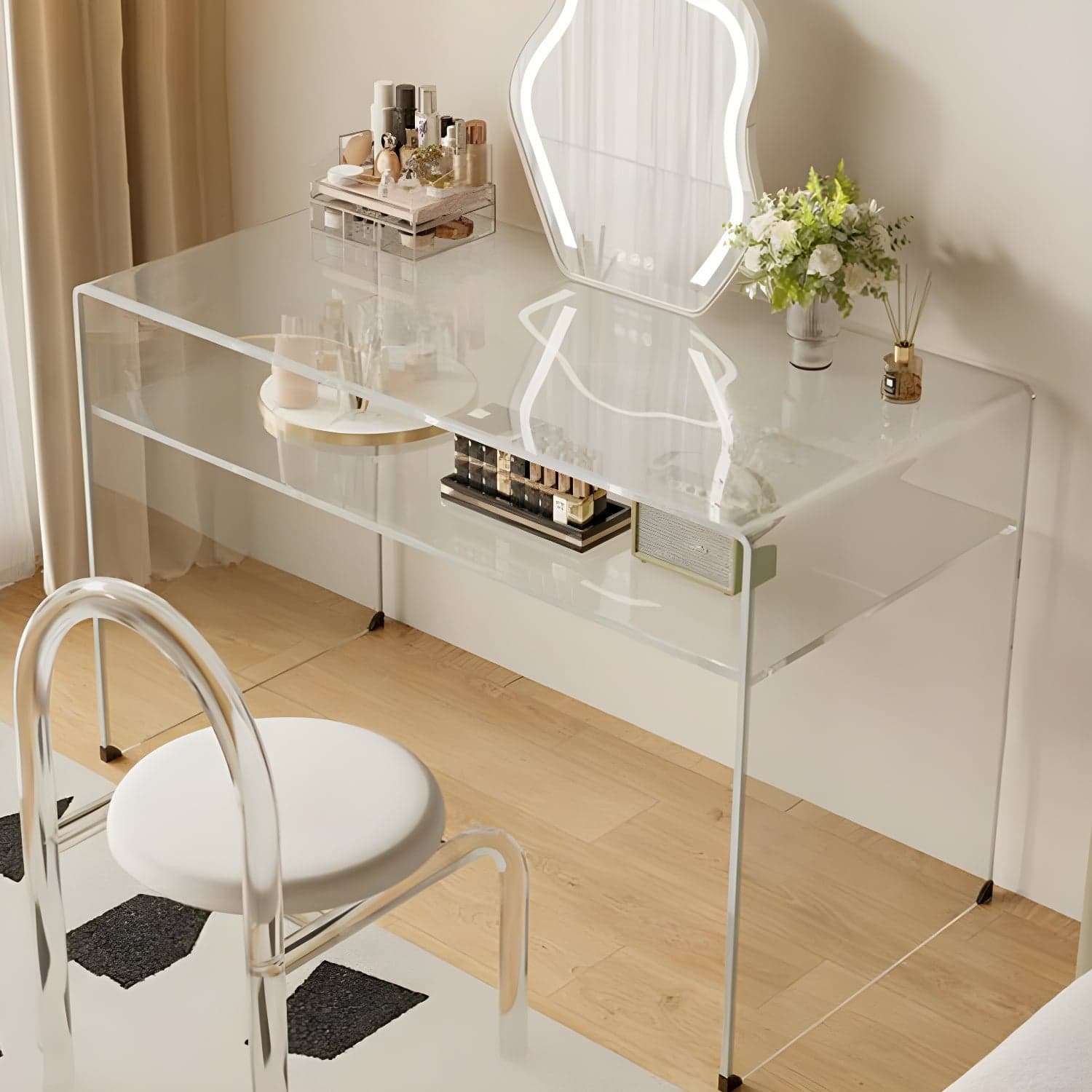 Transparent Glass Rectangular Dressing Table Double Base with Partition thumbnail 2