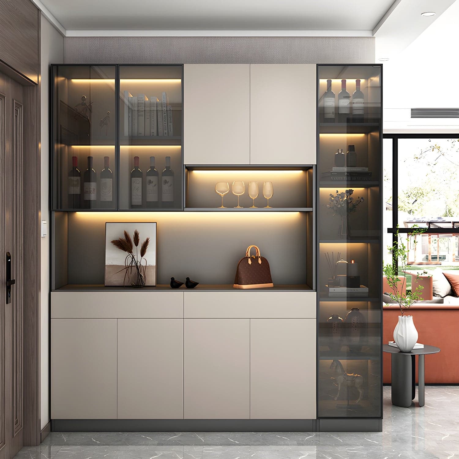 Accent Cabinet Rectangle Contemporary Glass Wood with Shelves thumbnail 4