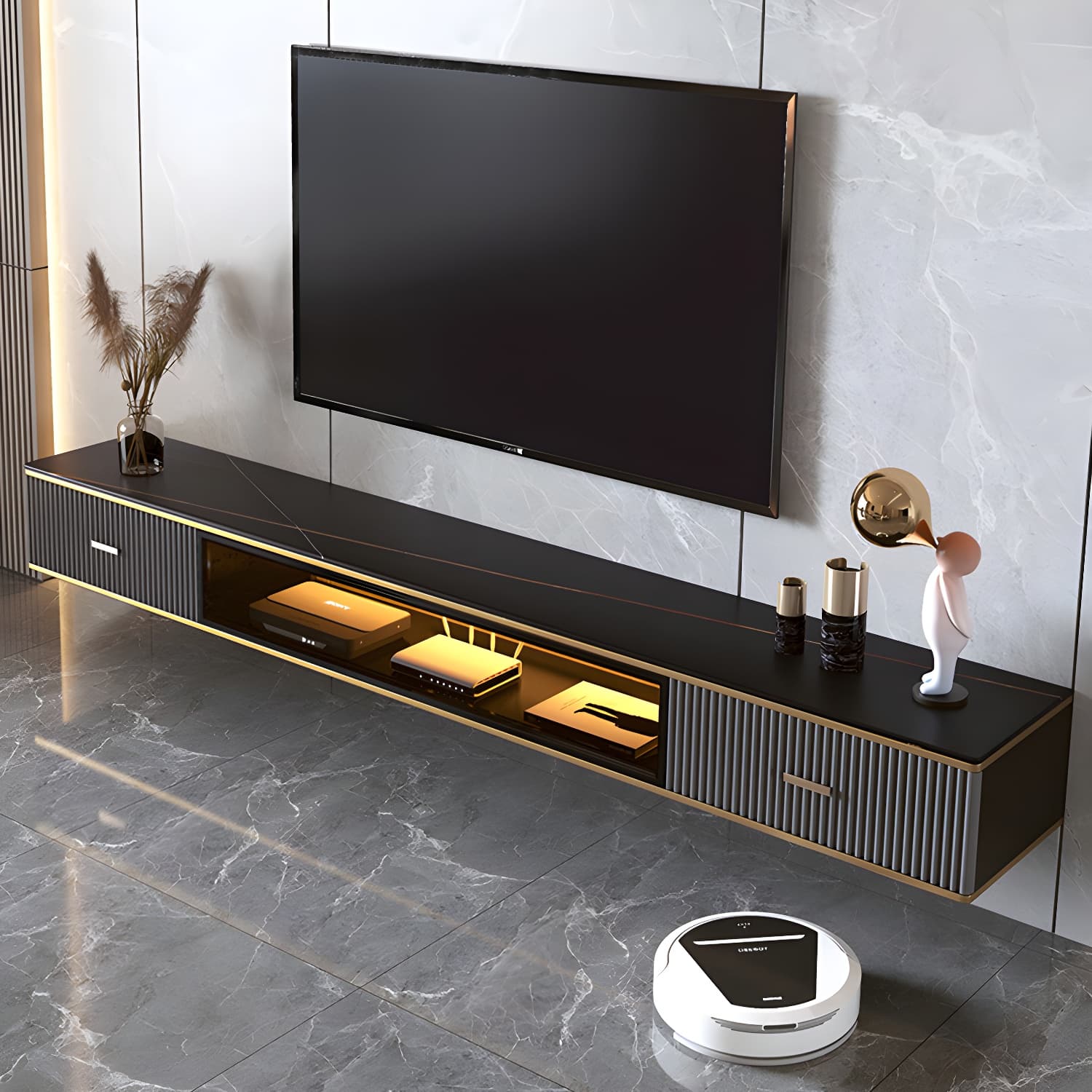 2 Drawers Contemporary TV Stand Stone Wall-mounted TV Cabinet thumbnail 13