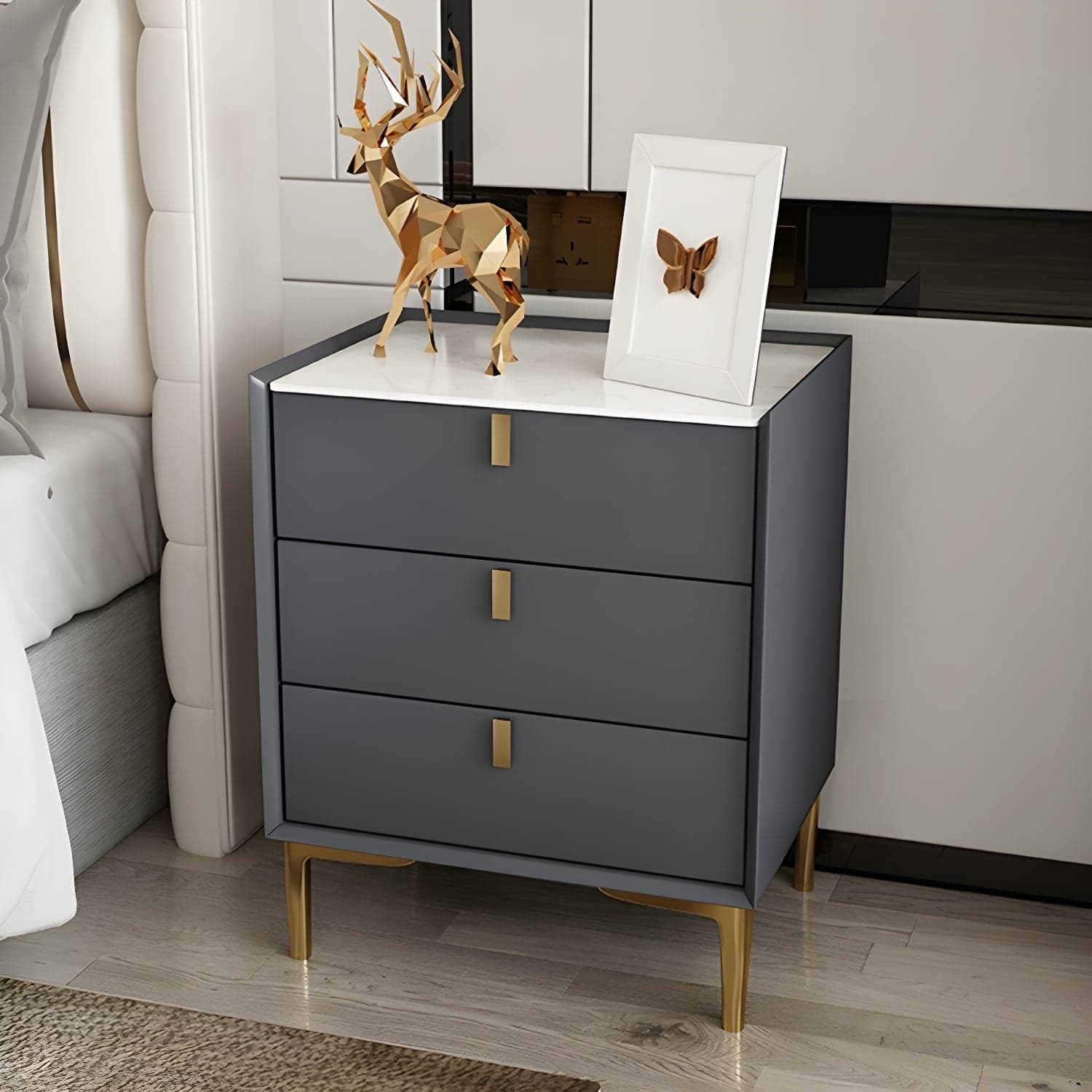 Glam Style Sintered Stone Top 3-Drawer Nightstand with Legs for Bedroom thumbnail 4
