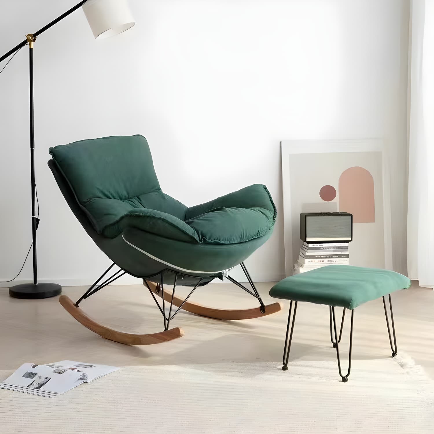 Contemporary Indoor Rocking Chair with Sled Legs and Spindle Back thumbnail 1