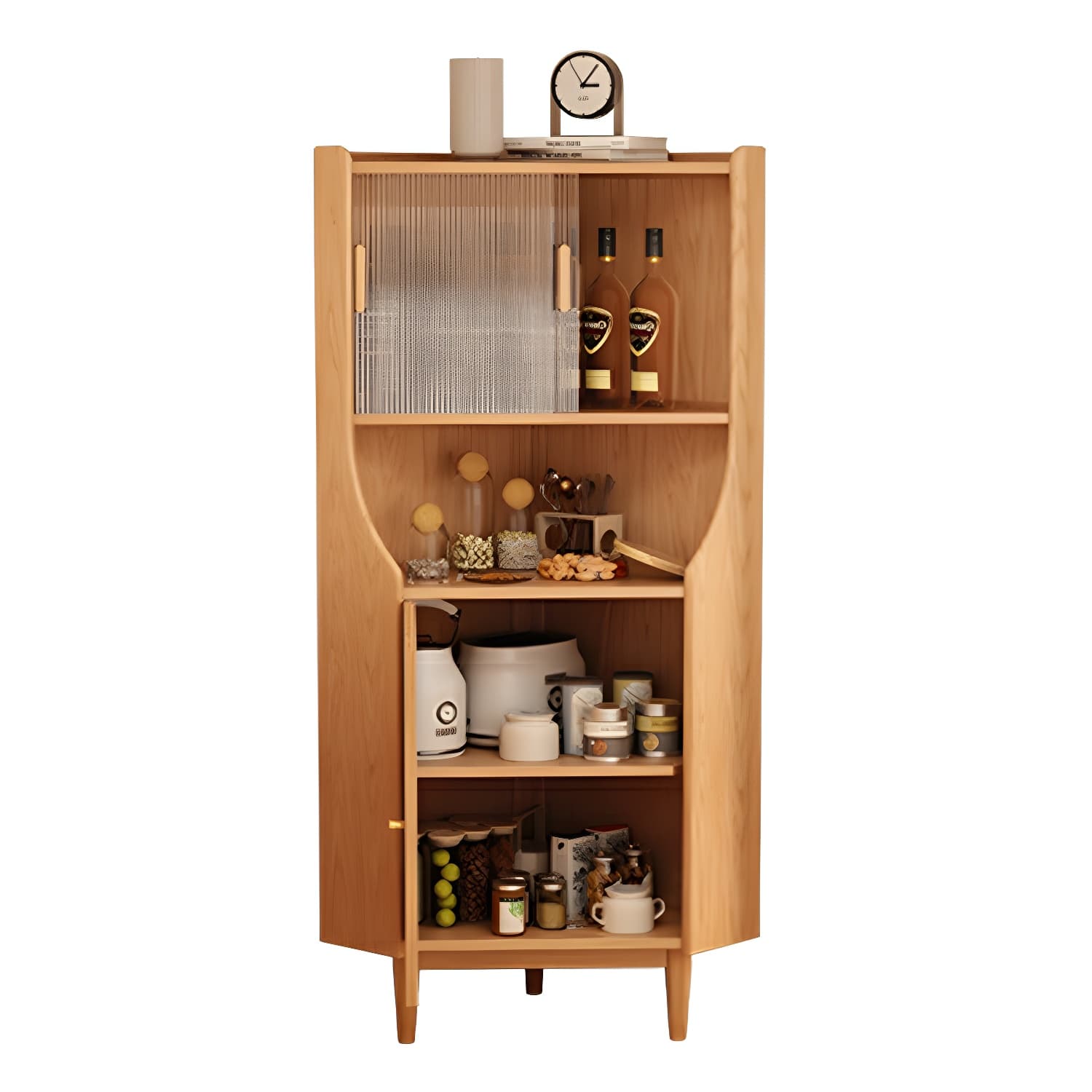 Corner Scandinavian Accent Cabinet with Wood Counter Top and Glass Doors, 2 Exterior Shelves thumbnail 7