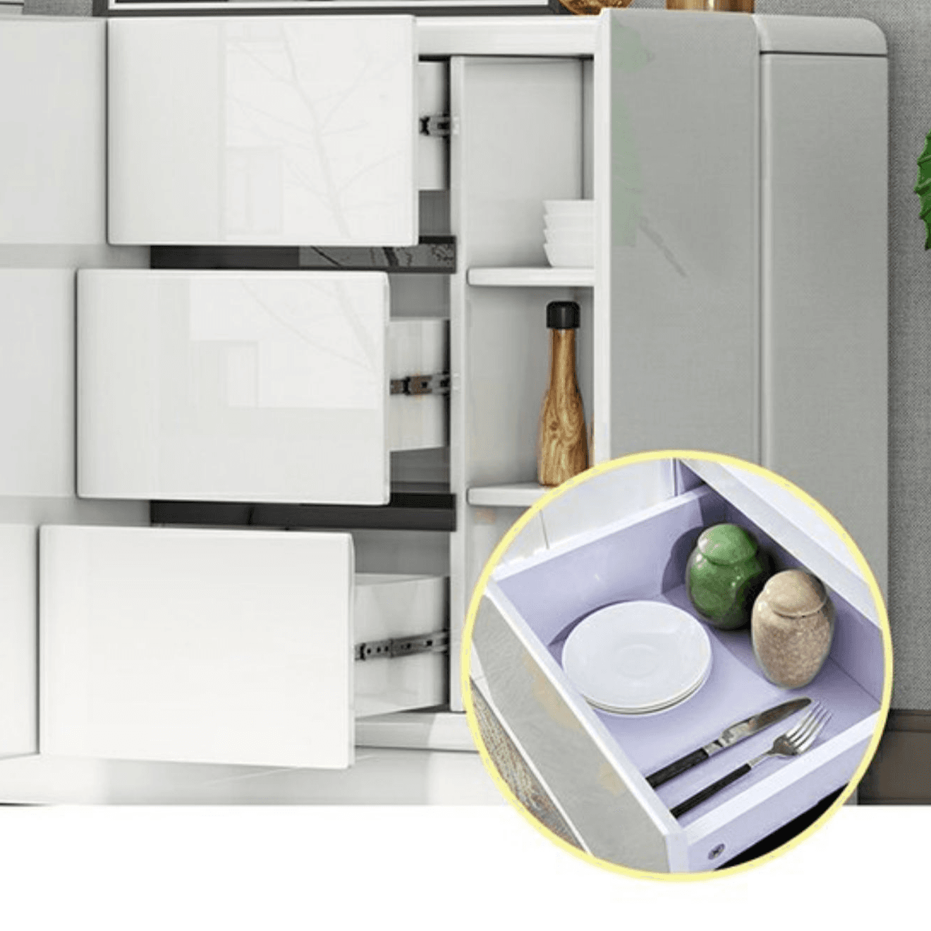 White Trendy Kitchen Storage with 3 Drawers, Standard/Narrow Size, Lumber Countertop, Variable Shelf, and Multiple Doors Options thumbnail 11