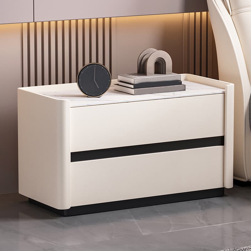 Modern Faux Leather Nightstand with 2 Drawers in Stone Countertop thumbnail 8