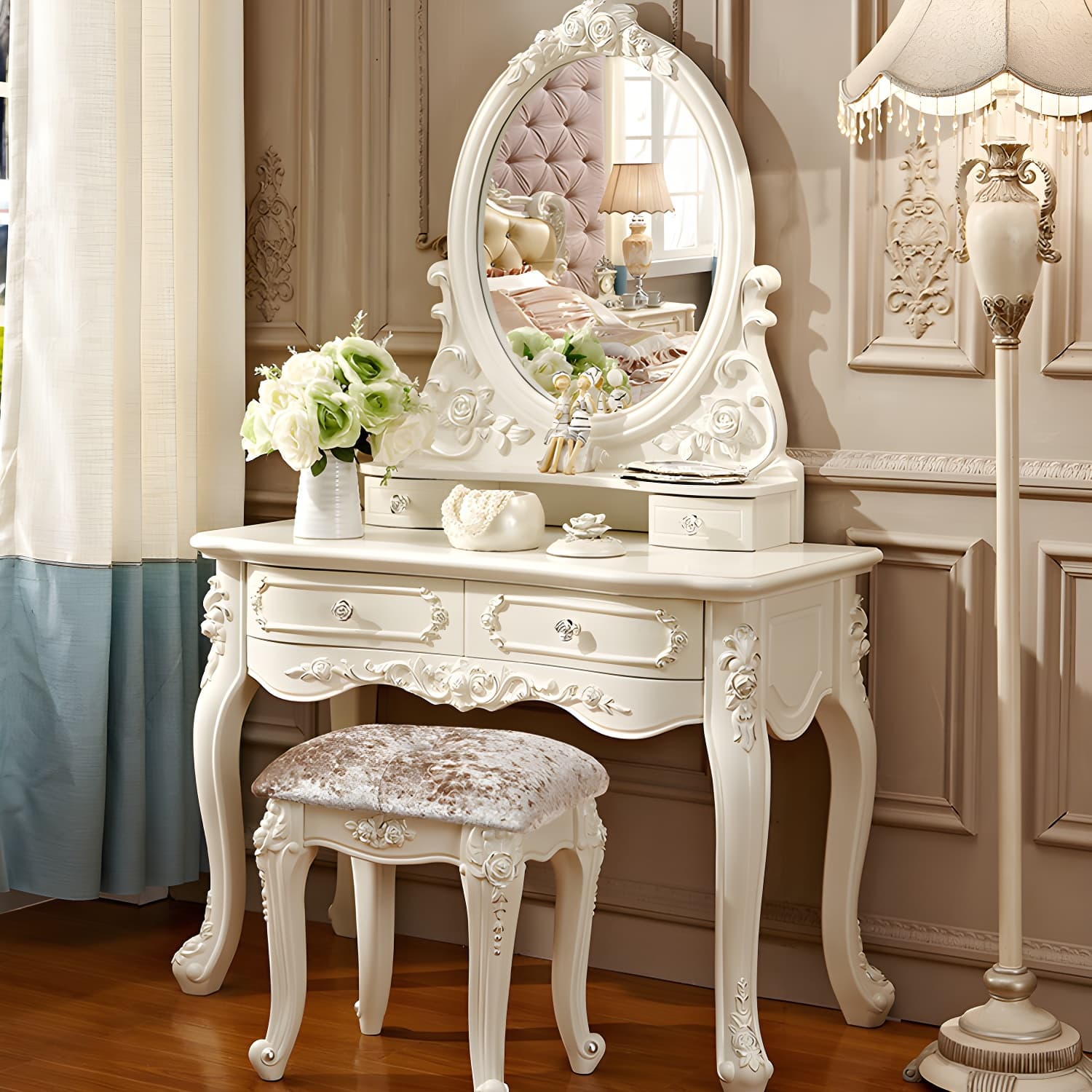 Victorian Makeup Vanity Desk Wood Makeup Vanity Set with Drawer thumbnail 4