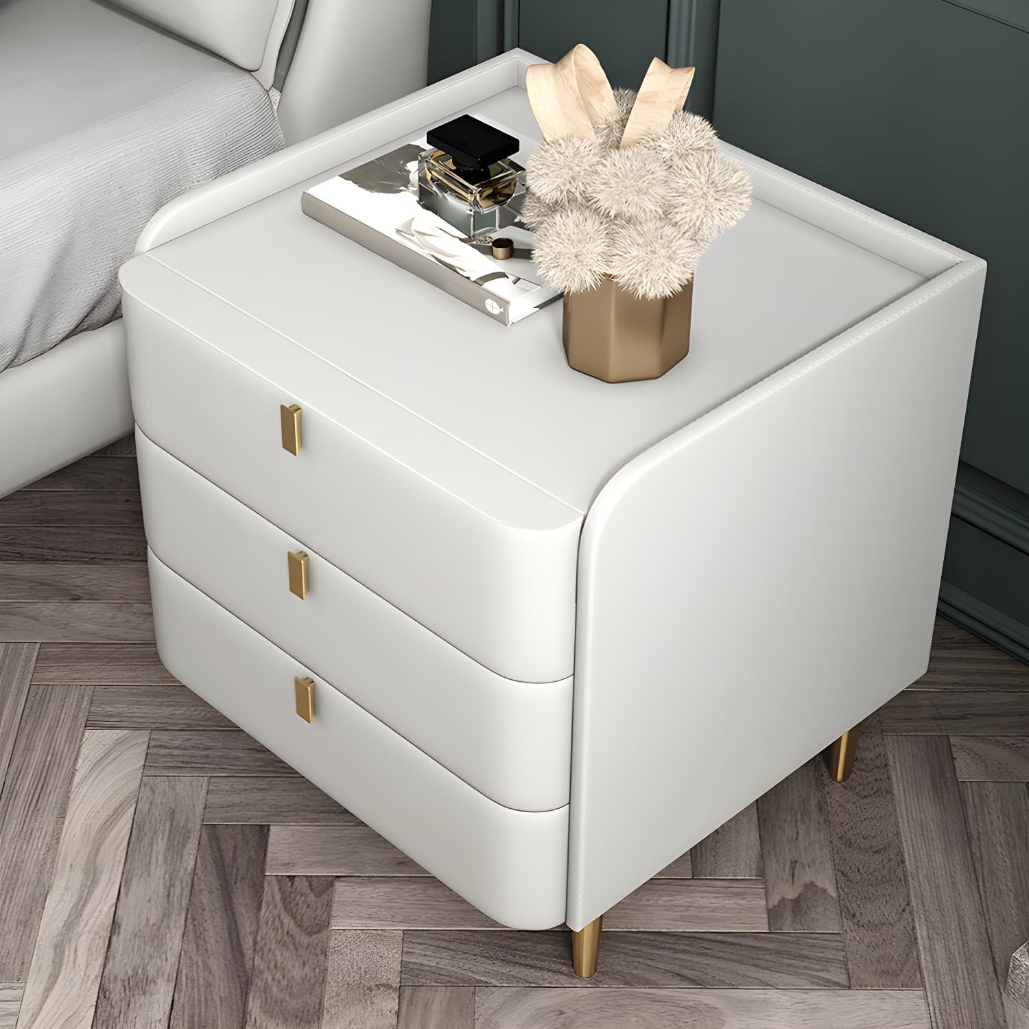 Stone Top Nightstand 3-drawer Leather Night Table with 4 Legs thumbnail 11