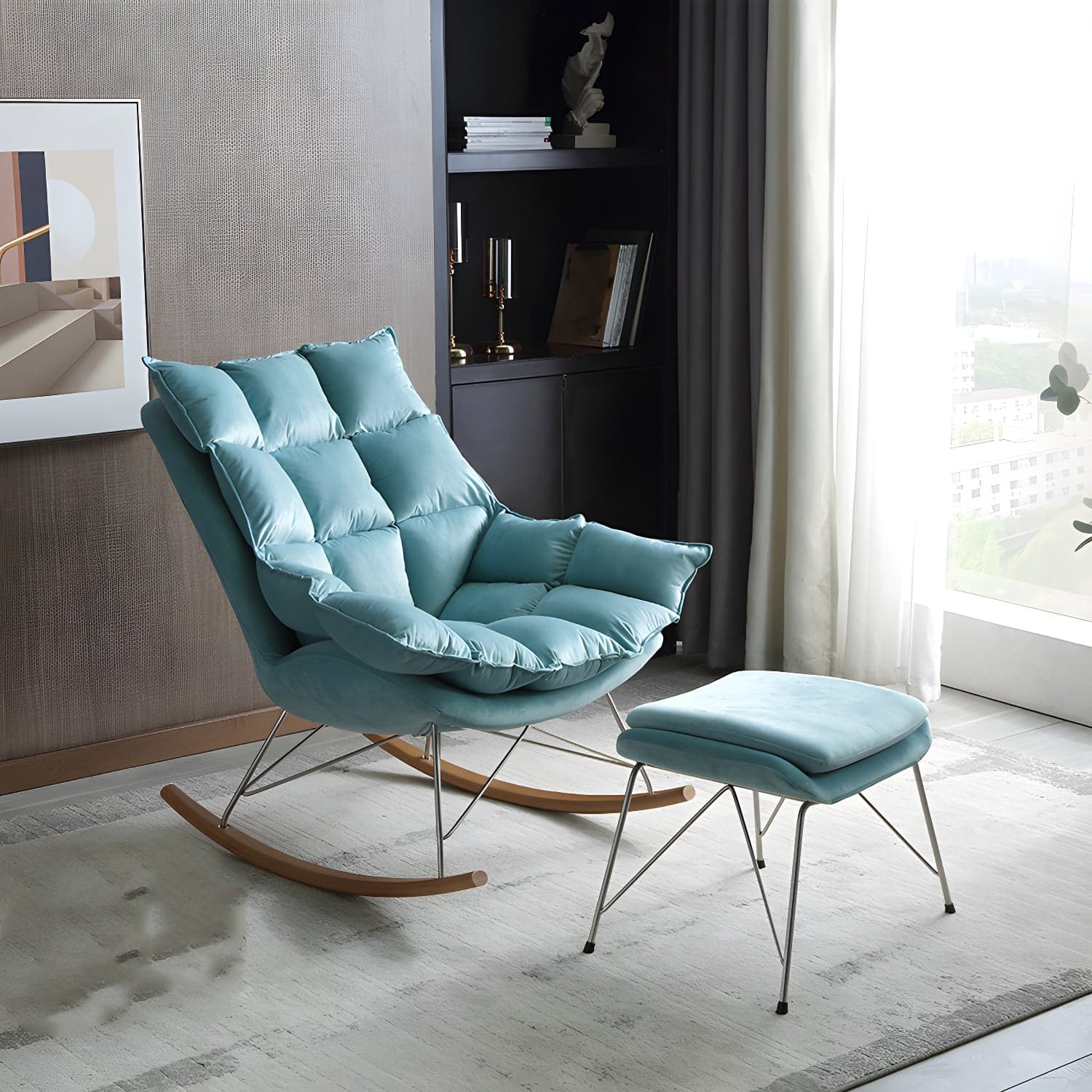 Modern Indoor Sofa Rocking Chair Mother Feeding Rocking Chair with Cushion and Ottoman thumbnail 3