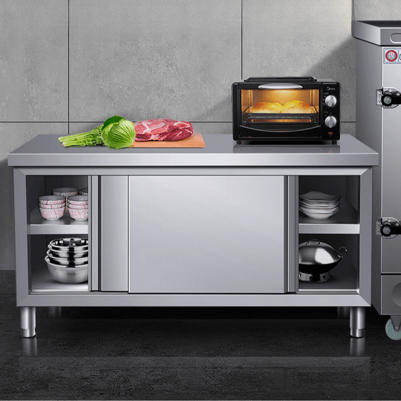 Silver Scullery Sink Cabinet with Reflecting Stainless Alloy Countertop, Self-supporting and Culinary Equipment Storage
