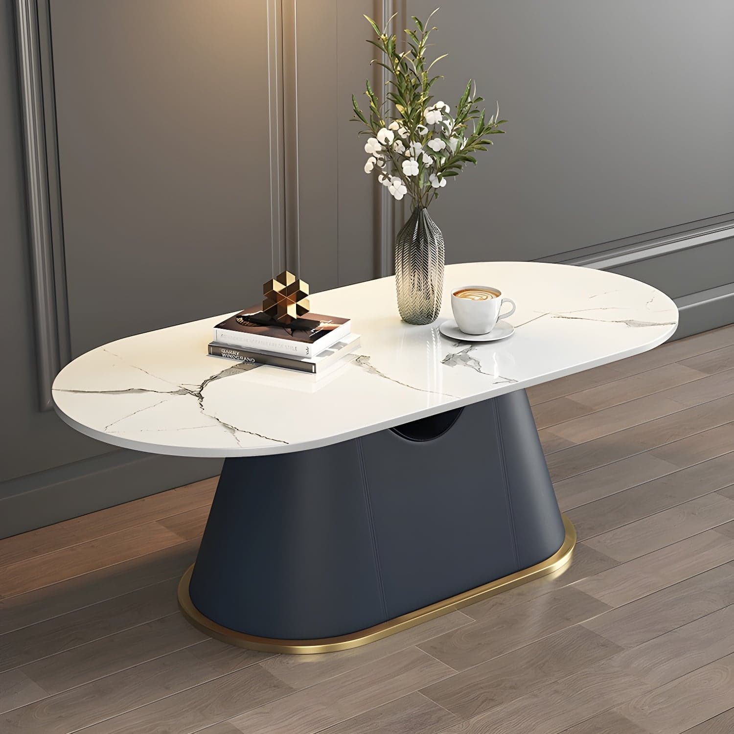 Glam Oval Stone Coffee Table with Pedestal Chrome Base - Scratch Resistant thumbnail 3