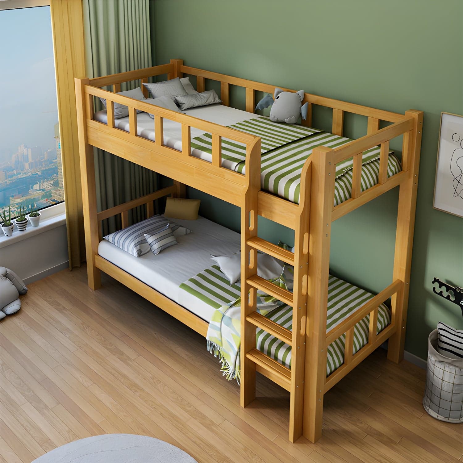 Mid-Century Modern Headboard Bunk Bed Solid Wood Bed with Footboard thumbnail 4