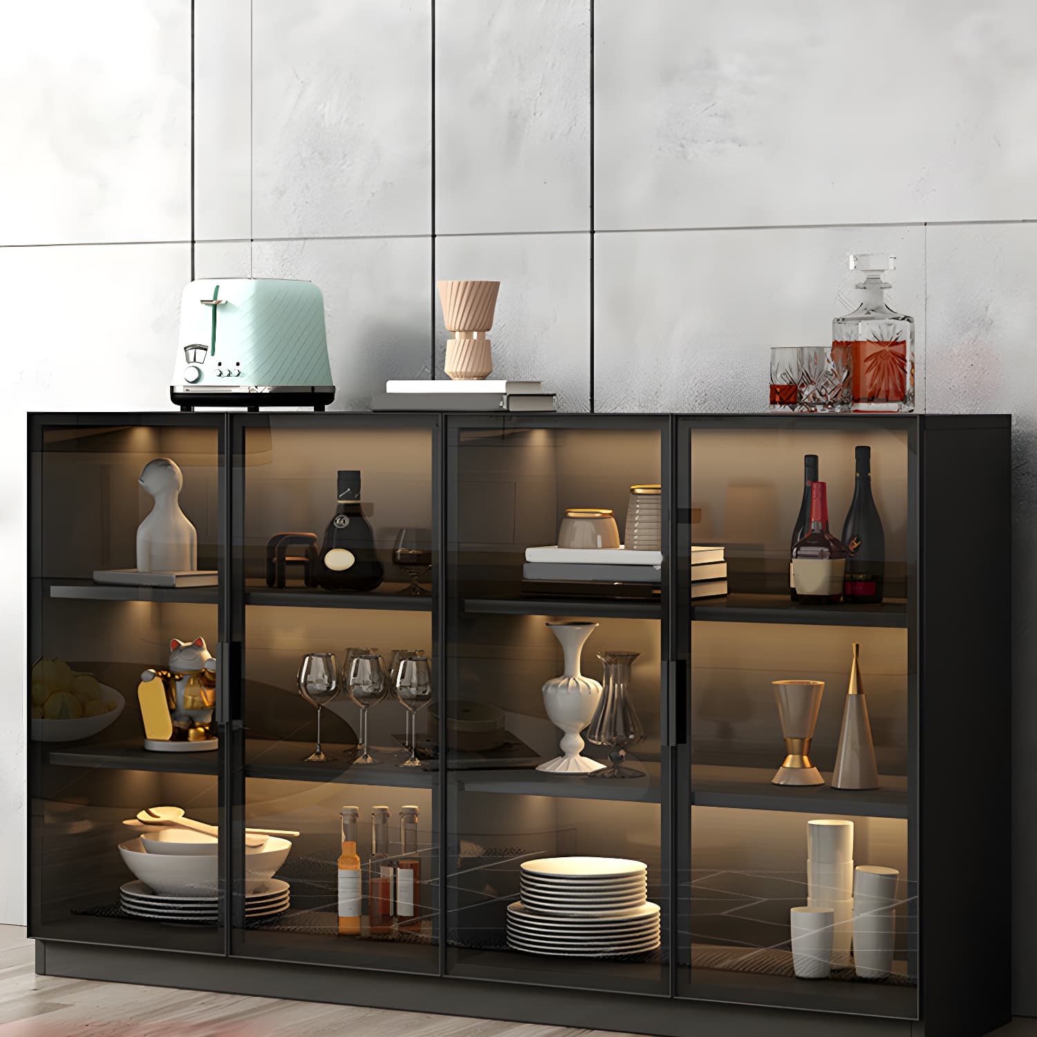 Black Modern Wood Sideboard Credenza with Glass Doors and Interior Shelves