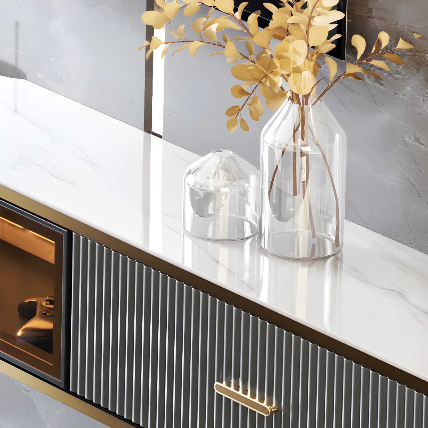 Glam Floating TV Media Stand with Drawers Stone and Wood TV Stand thumbnail 12