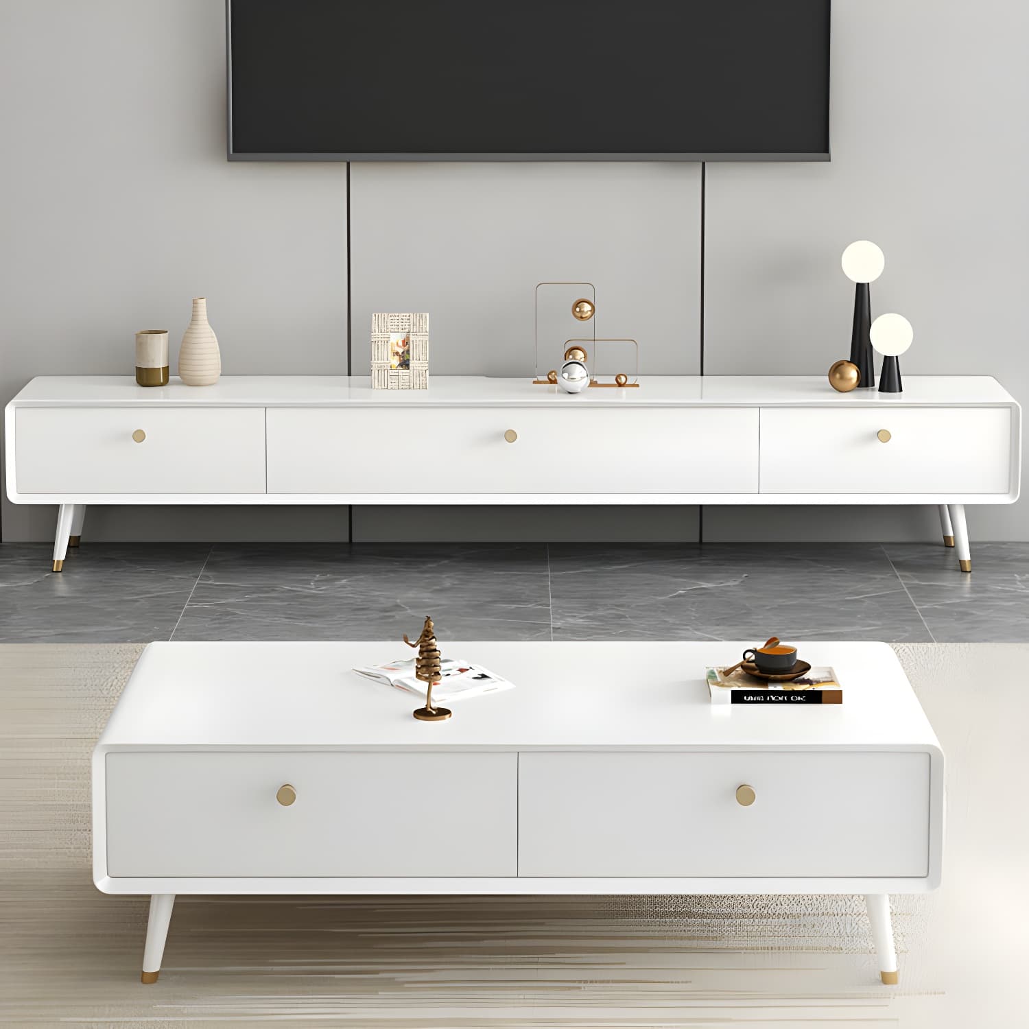 Solid Wood 13.78" H TV Stand Nordic 2 Drawers TV Stand Console thumbnail 13