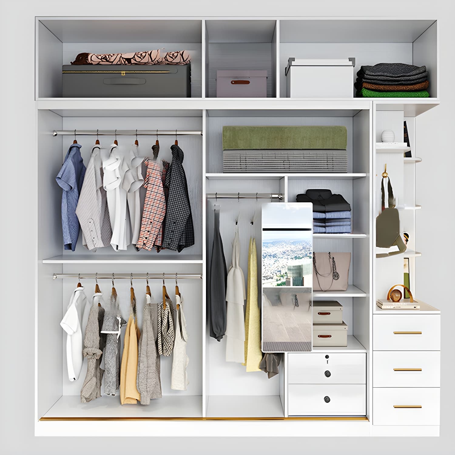 Modern White Wardrobe Armoire with Mirror, Drawers & Clothing Rod thumbnail 4
