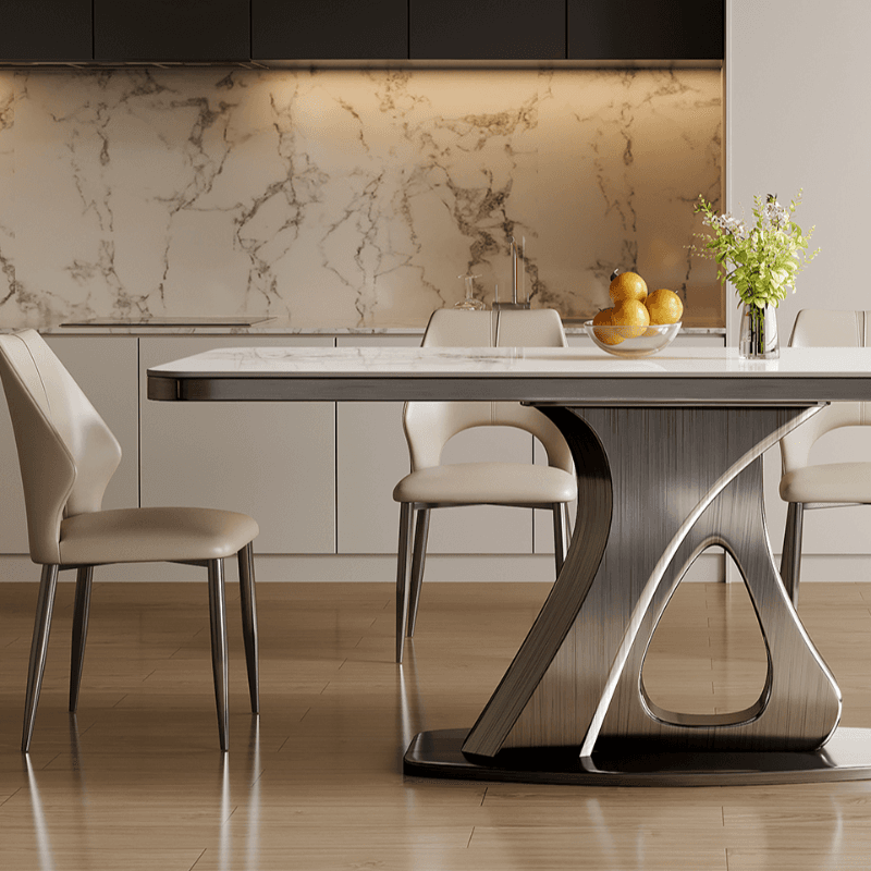 Dining Table Set with Slate Stone Top, Stump Base, Fixed Table, Padded Chair with Back in White thumbnail 6