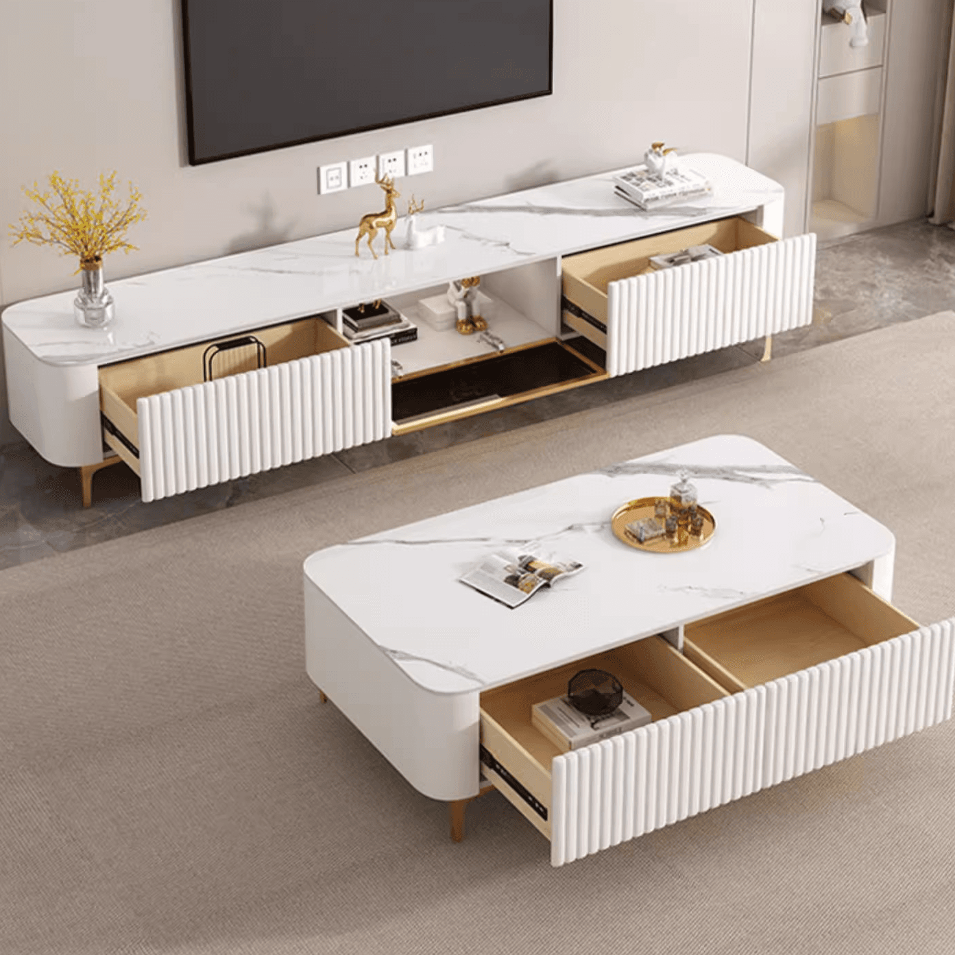 Simplistic Rectangular Vitreous TV Stand with Locker, Cable Management & 2 Drawers thumbnail 14