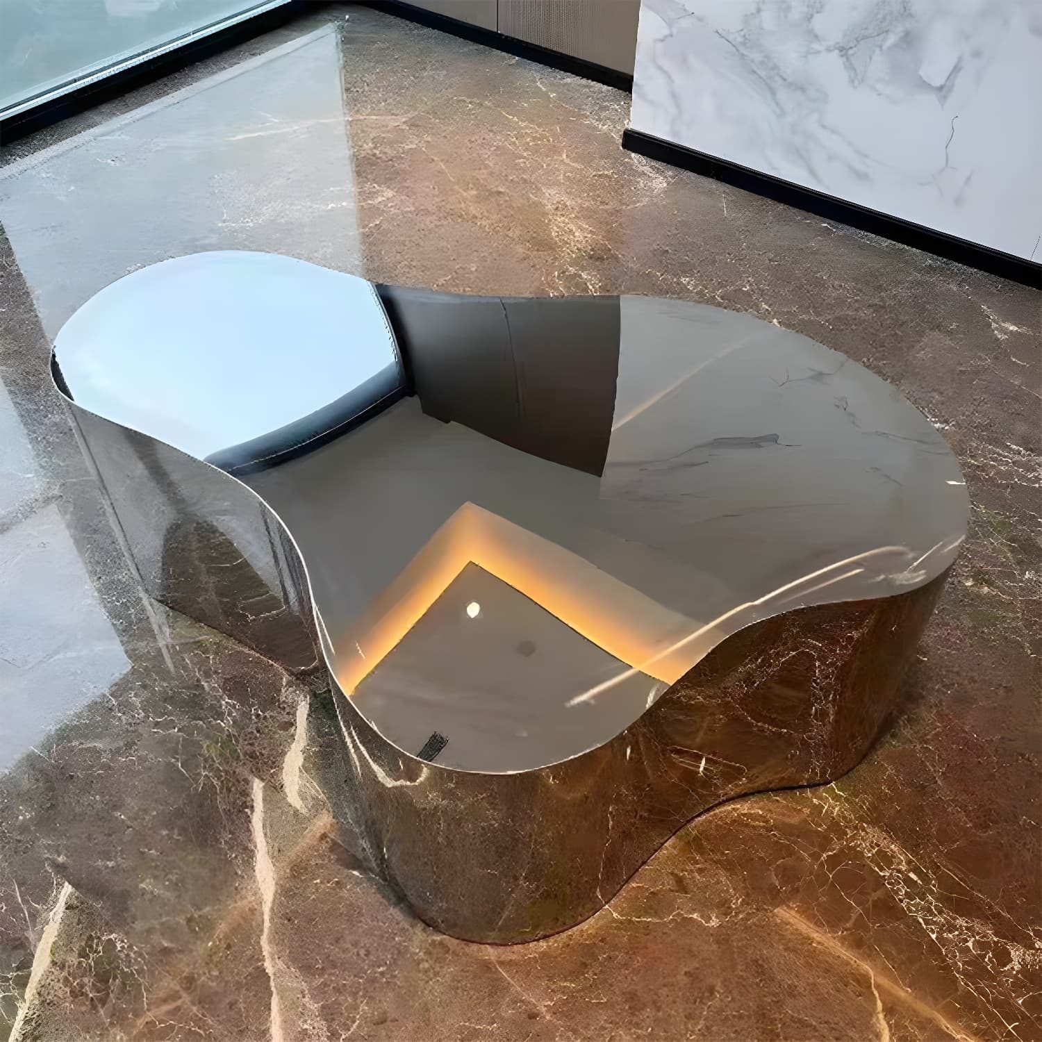 Silver Modern Coffee Table with Free Form Metal Top and Abstract Stainless Steel Base thumbnail 4