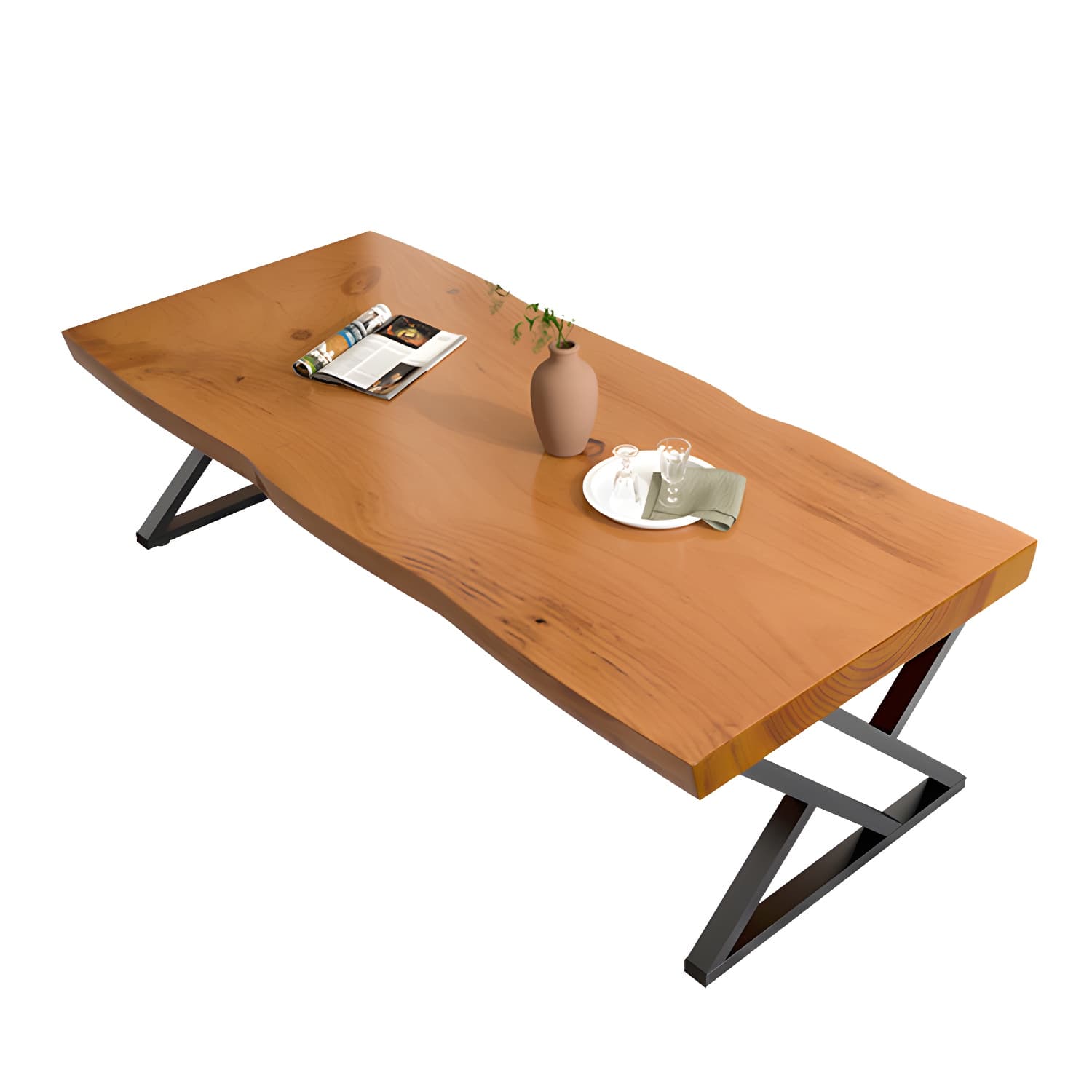 Scandinavian Rectangle Solid Wood Coffee Table Metal Sled Cocktail Table thumbnail 5