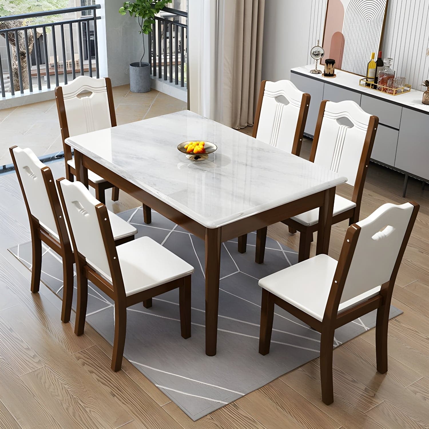 Modern White Marble Kitchen & Dining Room Set - Solid Wood Base, Faux Marble Top thumbnail 1