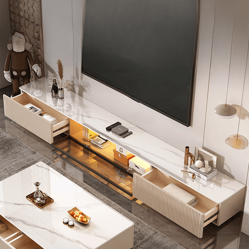 Art Deco Sintered Stone Rectangular TV Stand with 2 Drawers, Hutch, Cable Management, and Light thumbnail 8
