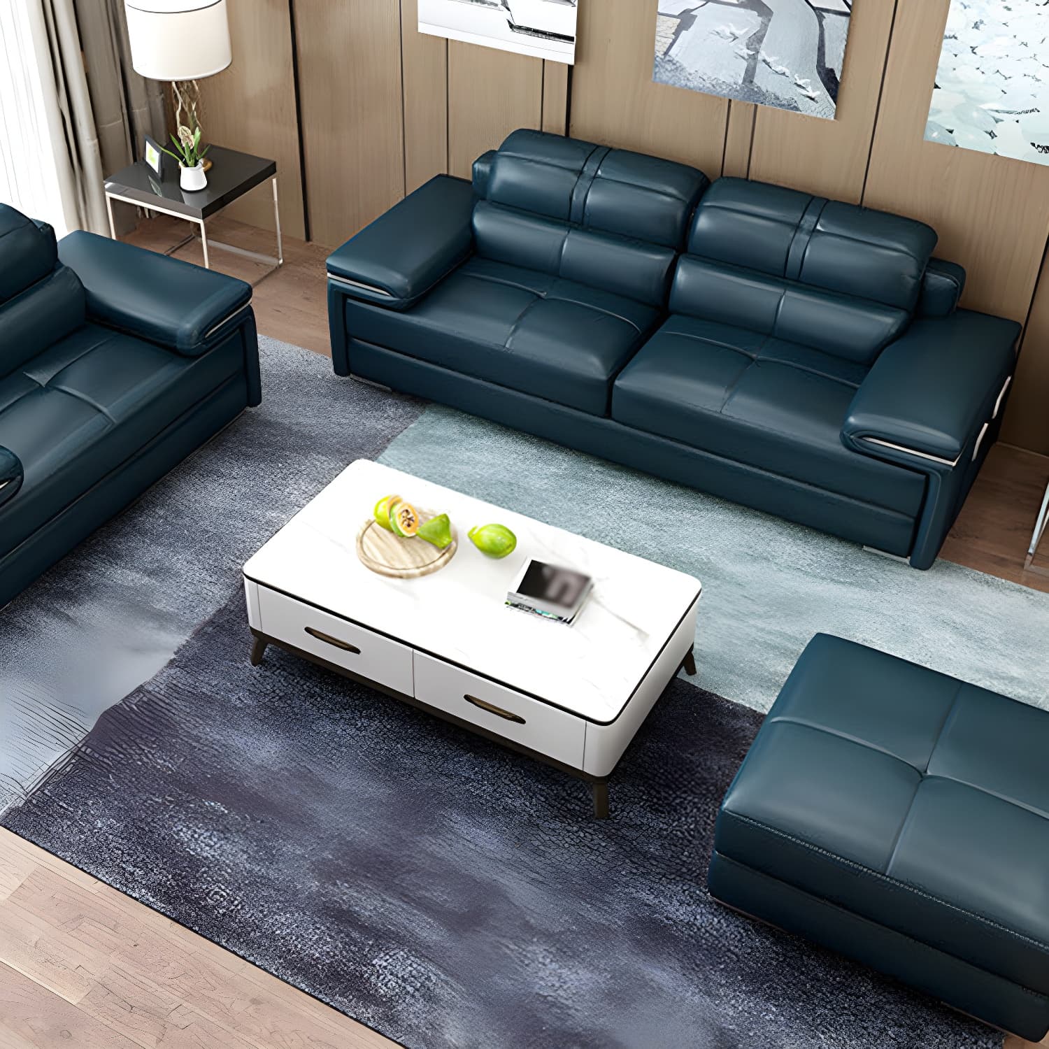 Genuine Leather Sectional 34.65"High Pillow Top Arm Sofa with Storage, Blue thumbnail 3