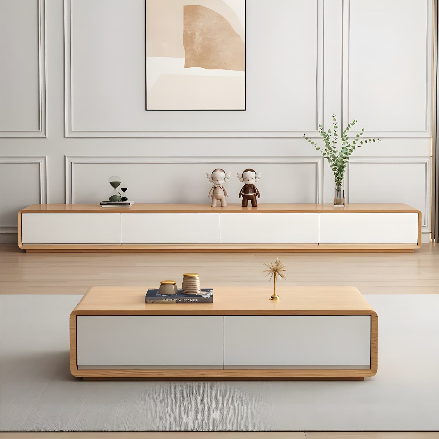 Contemporary Oblong Wood TV Stand in Natural and White with Drawers thumbnail 4