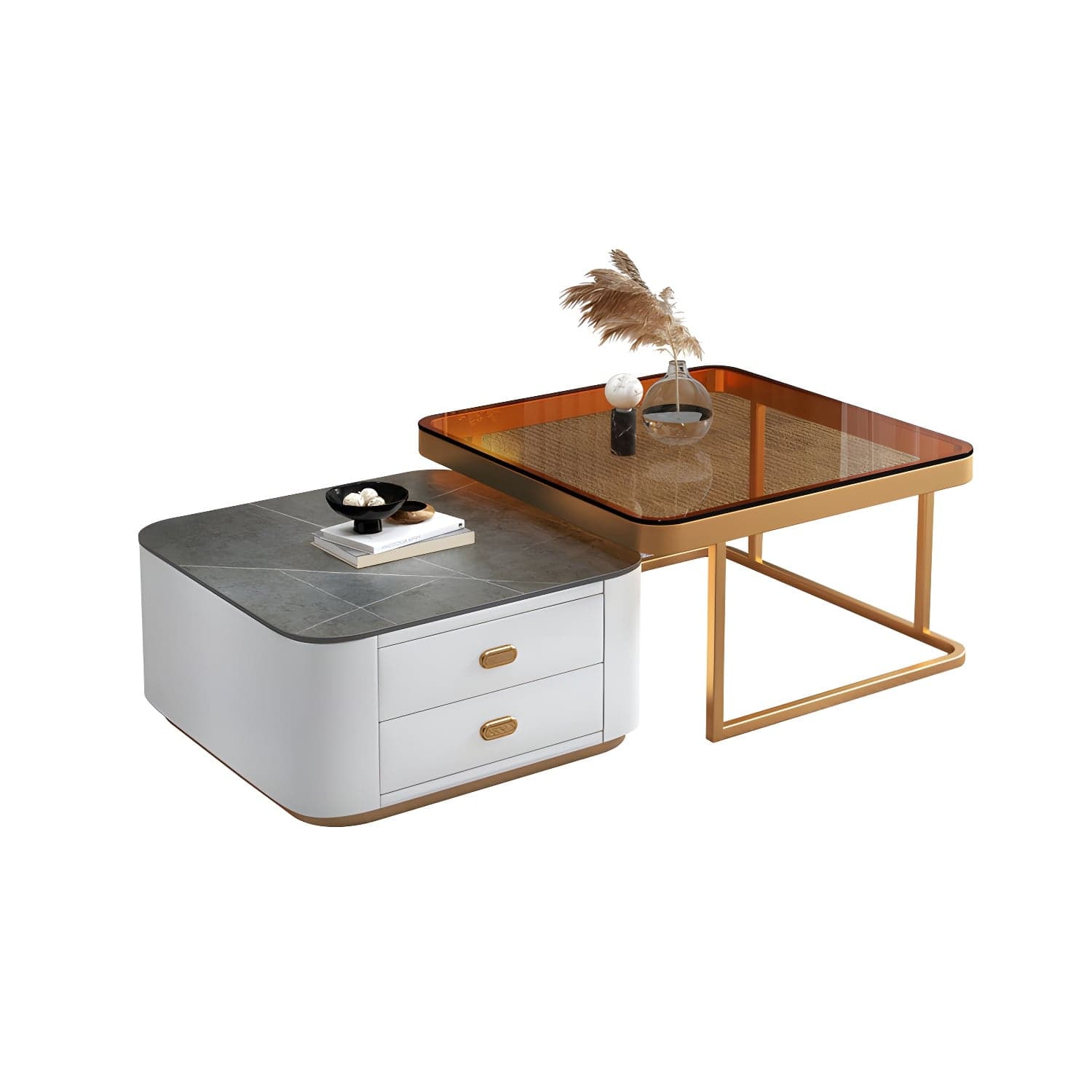 Square Coffee Table Glass Top 2 Nesting Coffee Table Set with Storage thumbnail 8