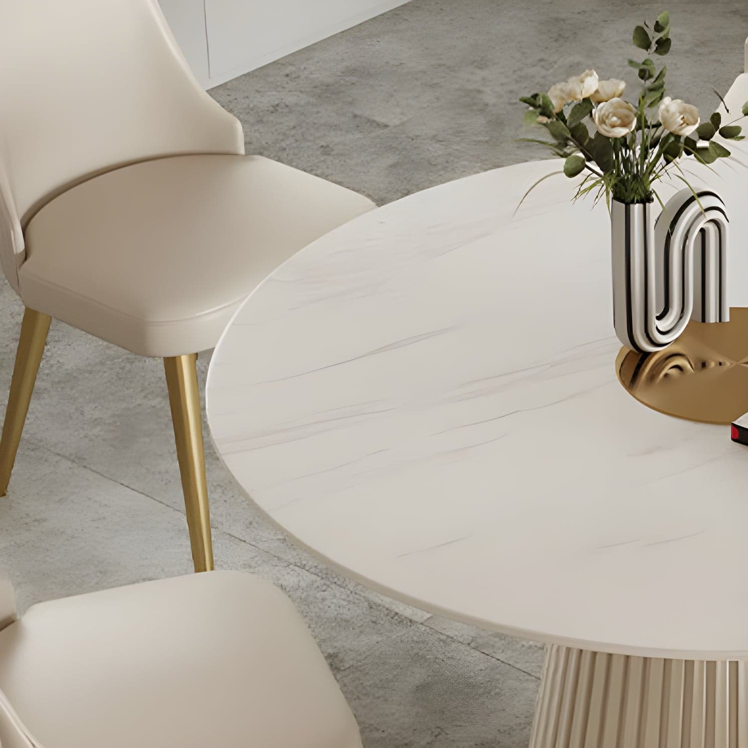 Stone Top Dining Table Round Table with Wood Pedestal Base in White thumbnail 8