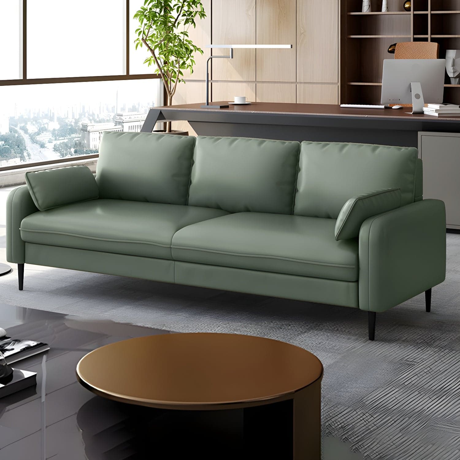 3-Seater Faux Leather Sofa Mid Century Loose Back Square Arm Settee thumbnail 1