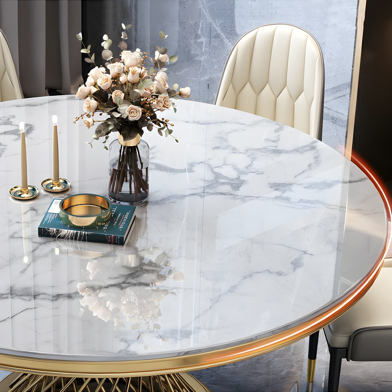 1/5/7/9 Pcs Dining Set with Round Marble Table and Padded Chairs thumbnail 7