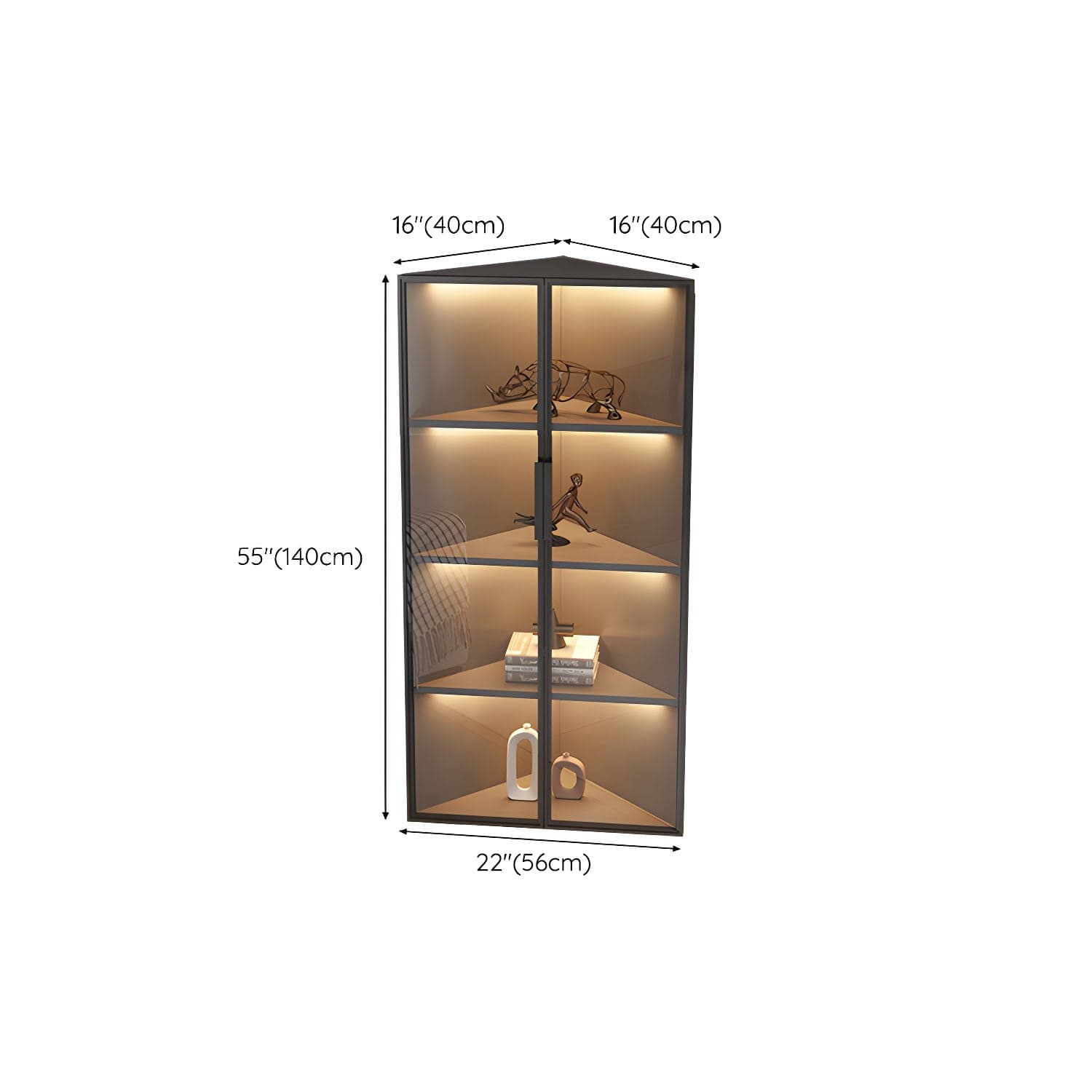 Corner Modern Accent Cabinet with Black Metal Base and Glass Doors, Black Wood Counter Top thumbnail 16