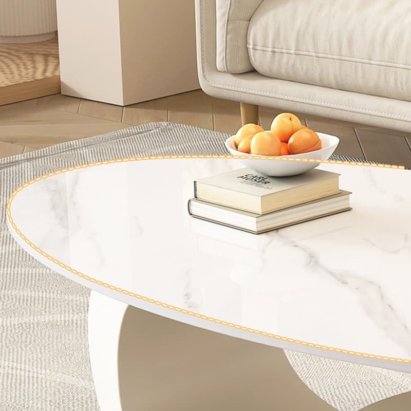 Oval White Stone Modern Coffee Table with Metal Abstract Base thumbnail 8