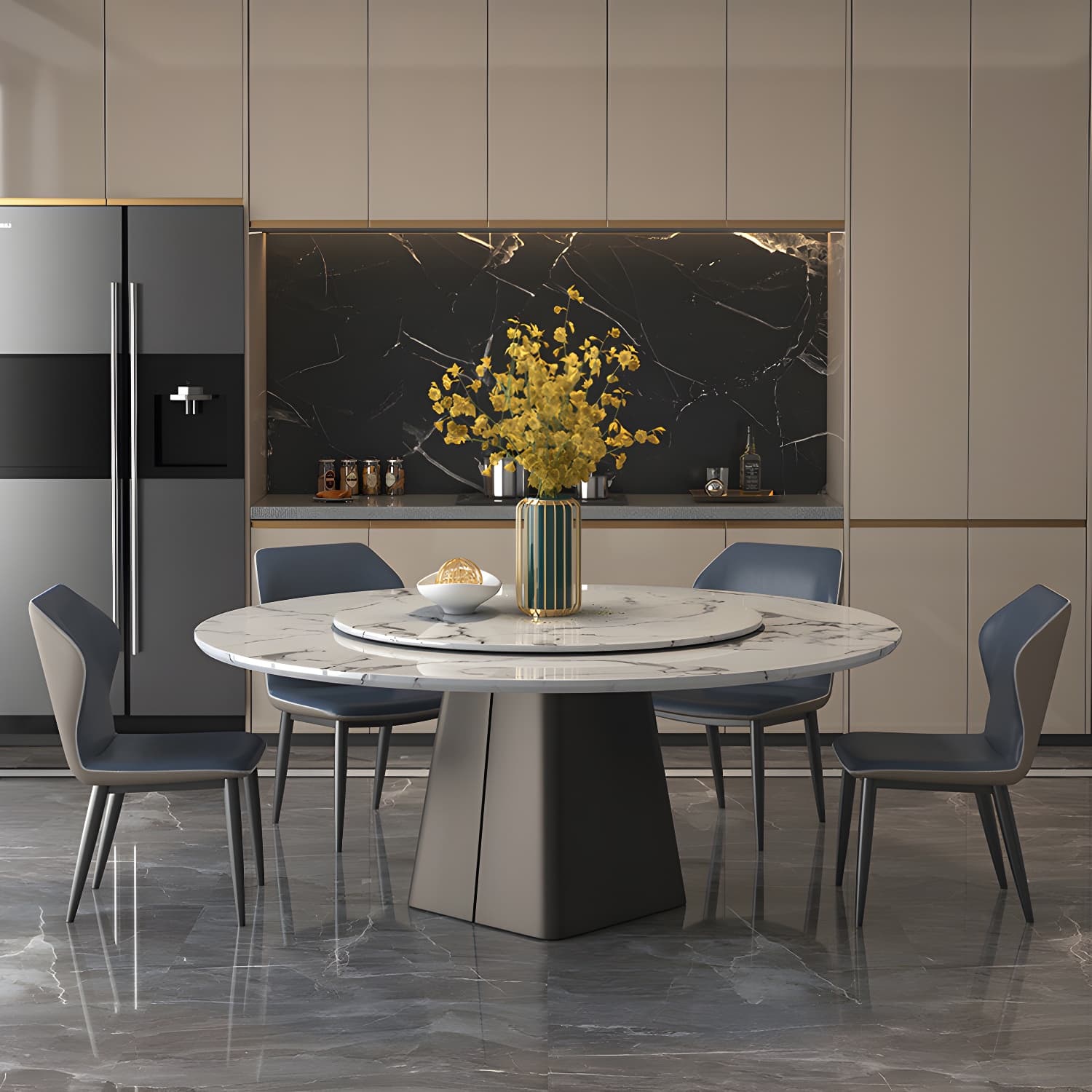 Marble Dining Table Set 1/4/5/7/11 Pcs Rectangle Table with Wingback Chairs thumbnail 2