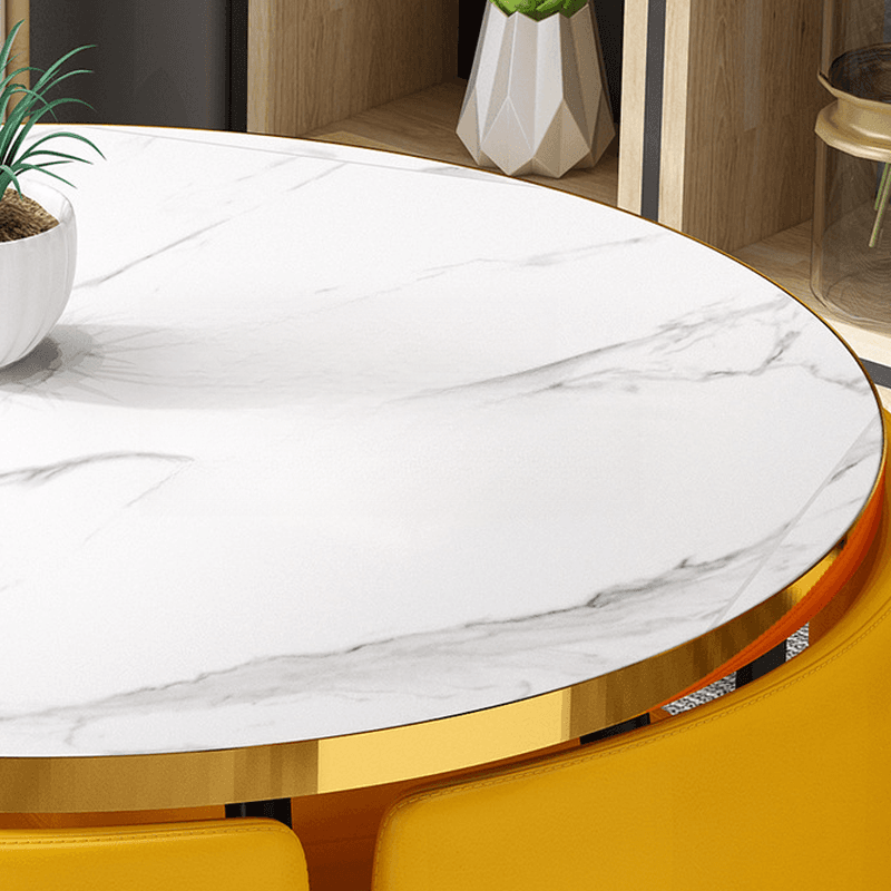 Art Deco Circular-shaped Upholstered Chair Metal & Faux Wood Dining Table Set with Upholstered Back in White, 5 Pieces thumbnail 21