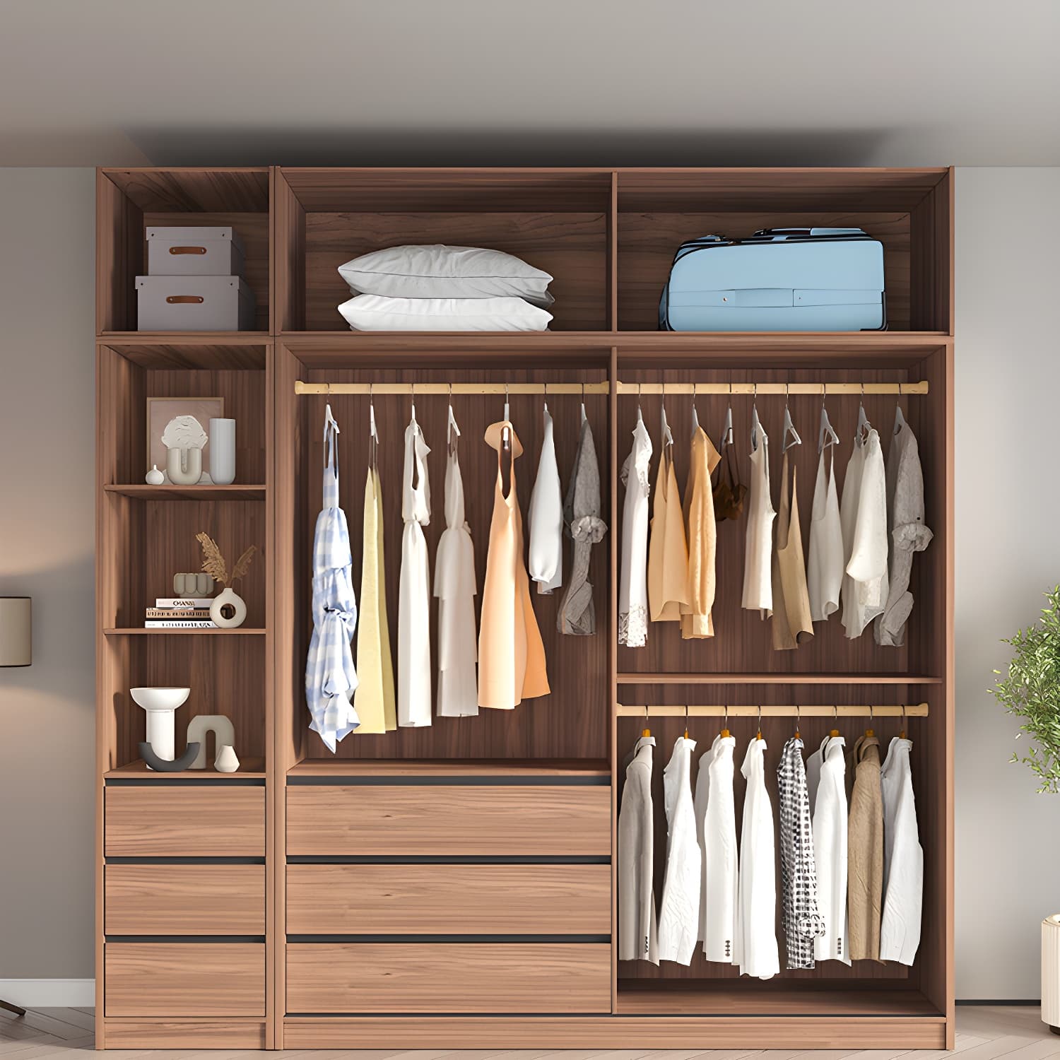 Glass and Wood Wardrobe Cabinet Brown Wardrobe Armoire with Garment Rod thumbnail 10