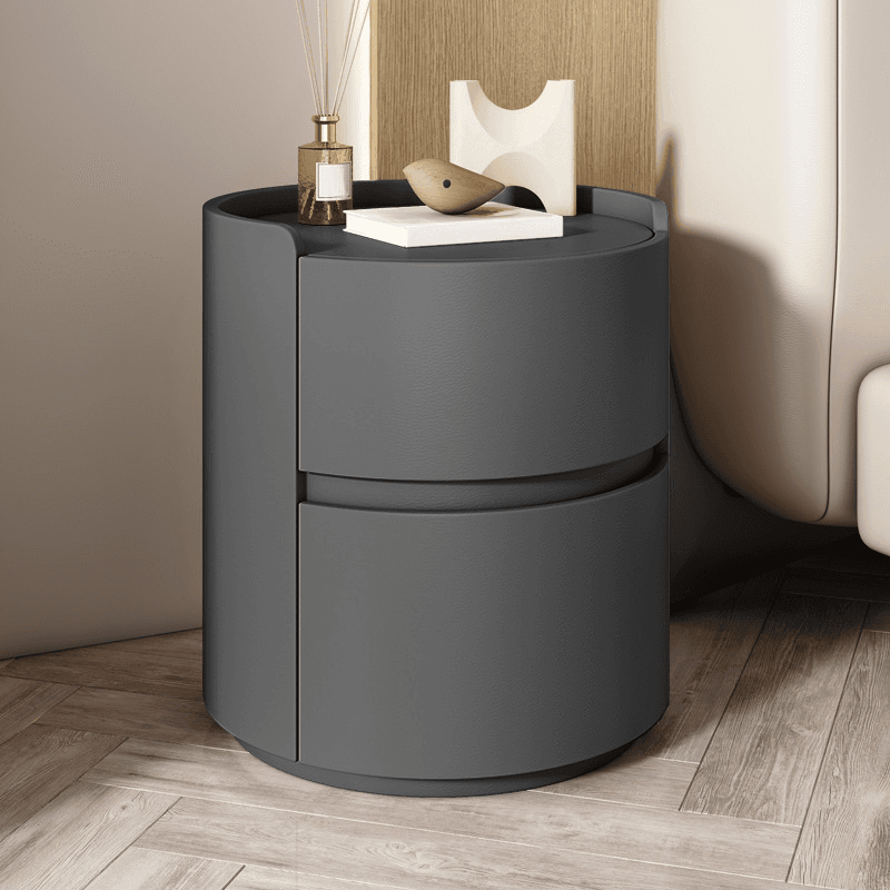 Scandinavian Round Nightstand with 2 Drawers and Synthetic Leather Countertop thumbnail 4