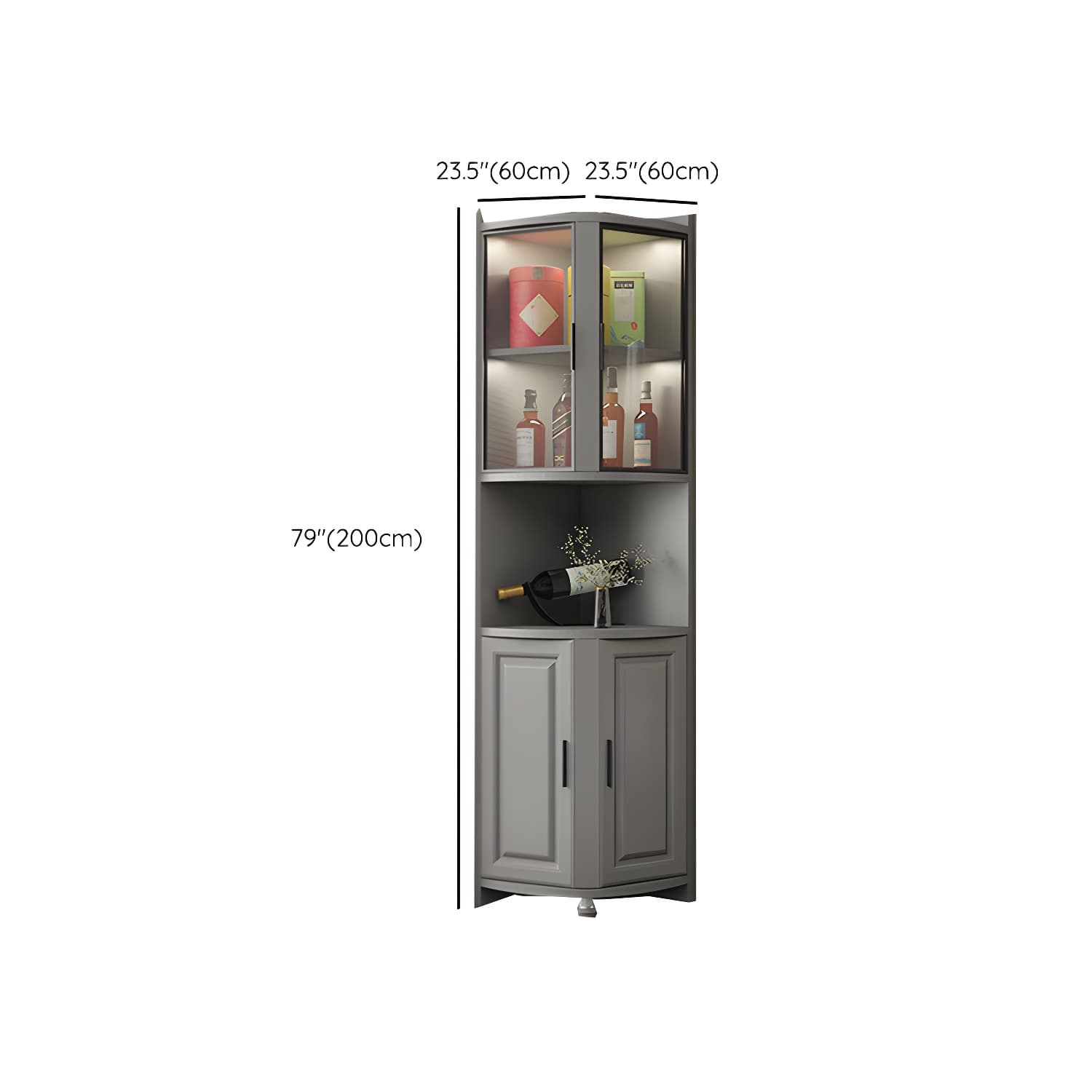 Modern Grey Corner Accent Cabinet with Glass Doors and 8 Interior Shelves thumbnail 12