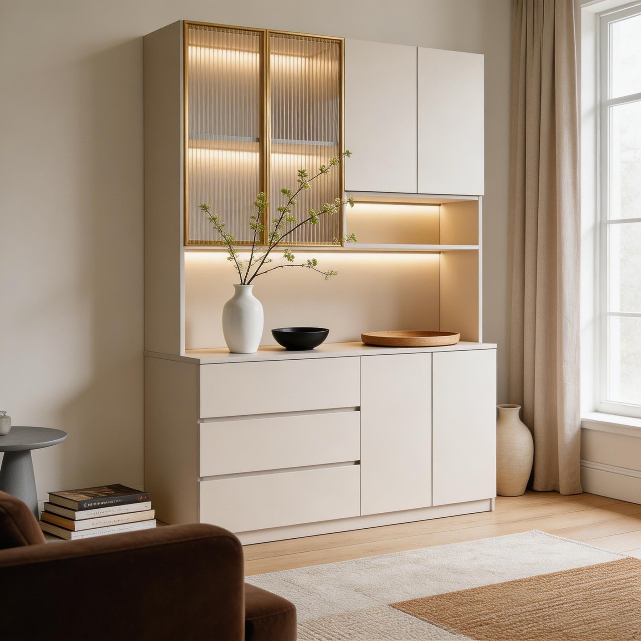 Trendy Sideboard with 3 Drawers, Cupboard, Wide/Standard/Narrow Sizes, 2/1 Shelves, Cabinets, and Glass-panel Door thumbnail 53
