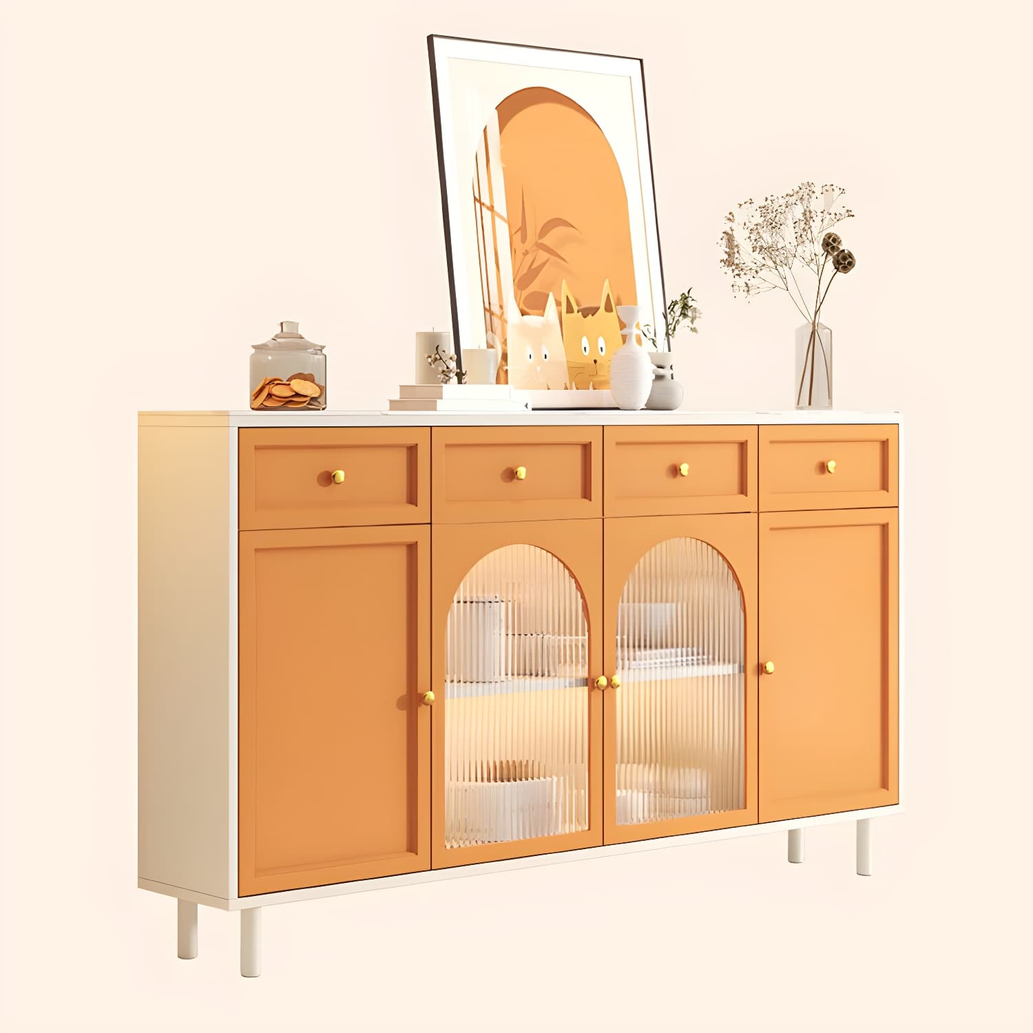 Scandinavian Wood Buffet Sideboard with Stone Countertop and Glass Doors thumbnail 14